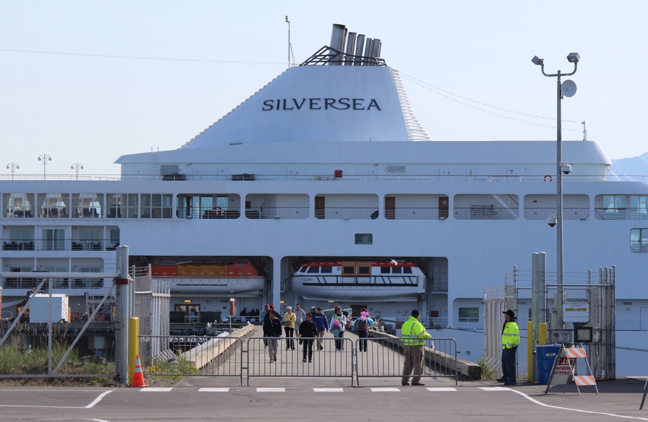 Passengers disembark from the M/V Silver Shadow on Wednesday at the Deep Water Dock. The Silver Shadow is the first cruise ship in Homer since 2012. The M/V Amsterdam arrives May 26.-McKibben Jackinsky