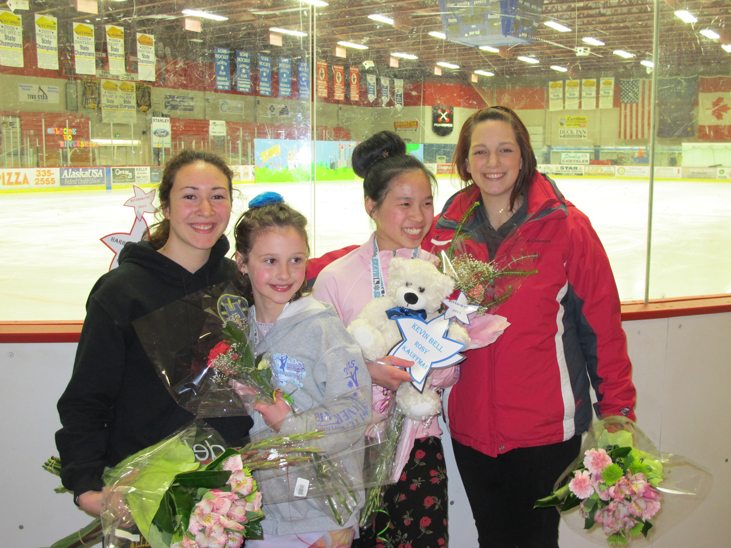 Participants in the Kevin Bell Arena’s We Skate program pose for a photo during the Riverskate competition in Soldotna April 10-12. From left are Coach McKinzie Parker, Ireland Styvar, Rosy Koffman, and Coach Megan Magee.                              -Photo by Kiirsten Styvar