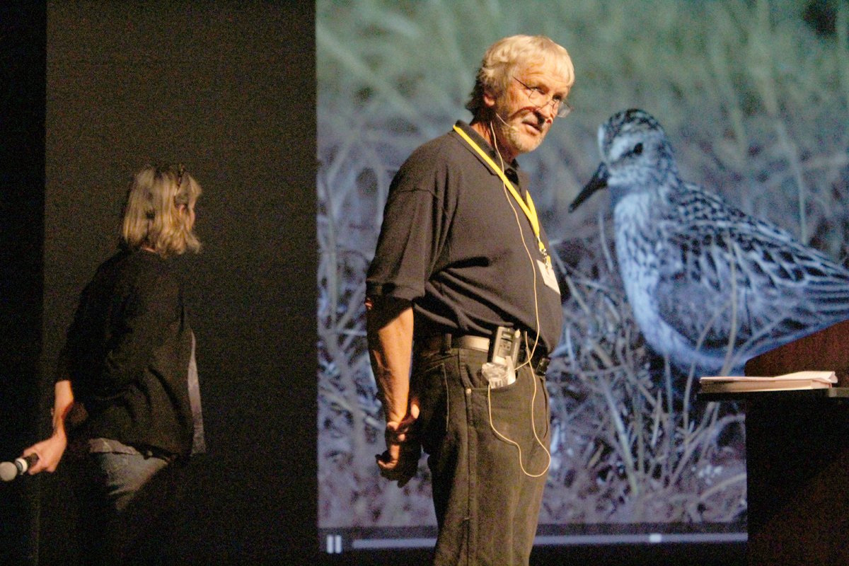 Kevin T. Karlson and wife Dale Rosselet gave a presentation called “Birds on the Wind” about the migration of shorebirds on Saturday, May 14. The husband and wife birding duo were the second keynote speakers of the evening.-Photo by Anna Frost, Homer News