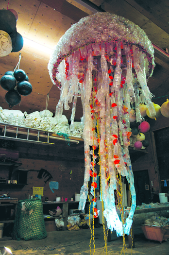 This 30-foot long and 8-foot in diameter jellyfish piece is made from marine debris found on the beaches of Homer during multiple community beach cleanup projects. Homer High School is borrowing the jellyfish and other pieces of marine debris art from the Center for Alaskan Coastal Studies to use as prom decorations April 9.-Photo provided