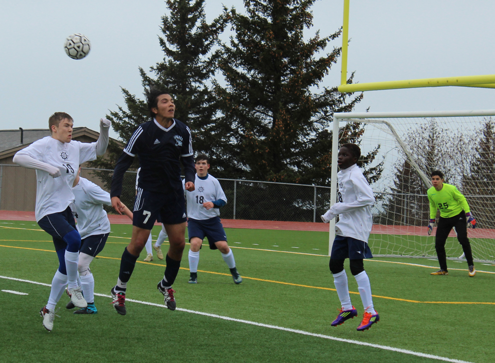 The Homer High School boys varsity soccer team beat Eagle River 3-1 at a rainy home game on Saturday, April 9. -Photo by Anna Frost, Homer News
