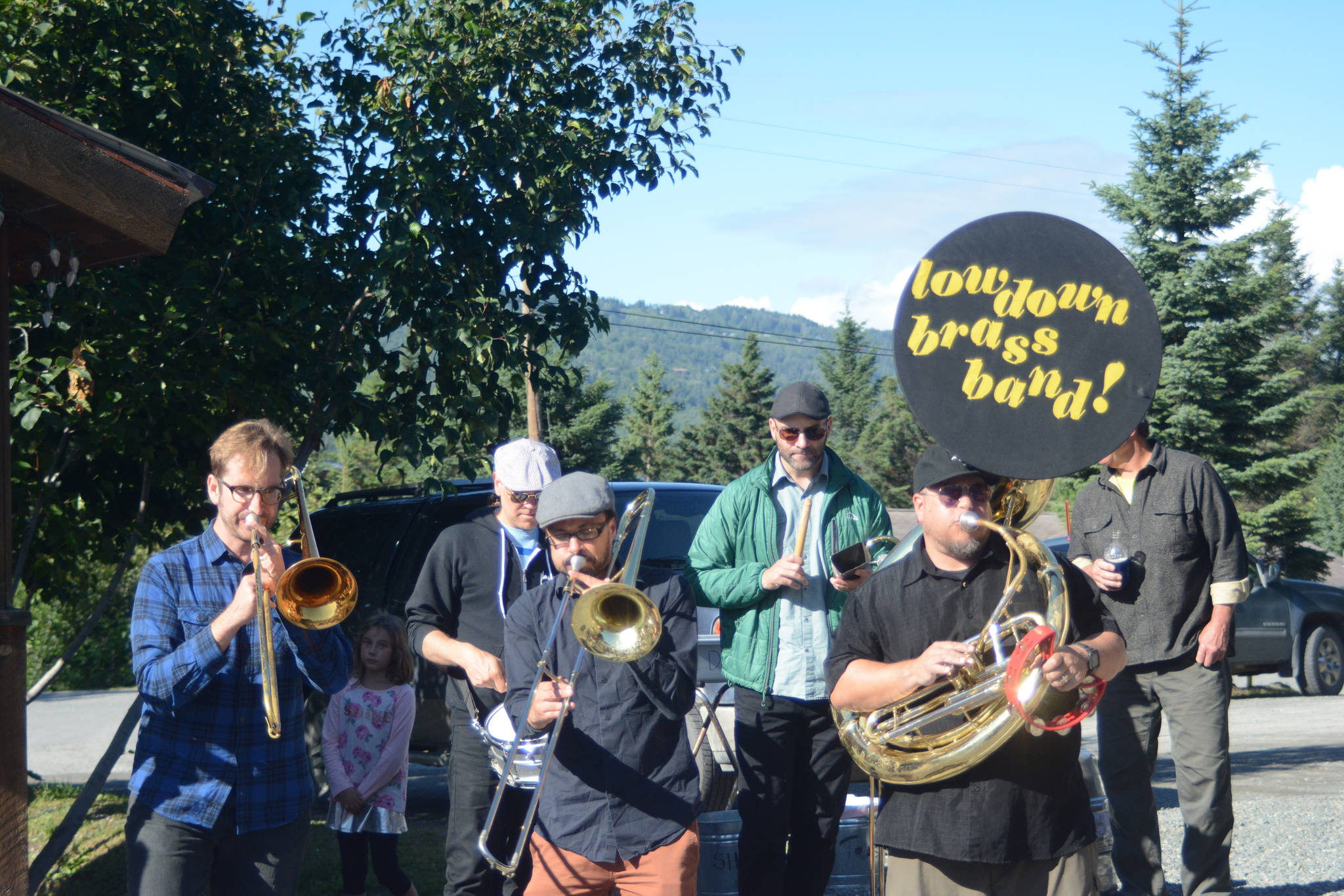 Members of the LowDown Brass Band perform an impromptu session Tuesday Aug. 7, 2018 at the Homer Brewery in Homer, Alaska. The band played at Salmonfest on Saturday, at Alice’s Champagne Palace on Tuesday and at Soldotna Creek Park on Wednesday. (Photo by Michael Armstrong/Homer News)