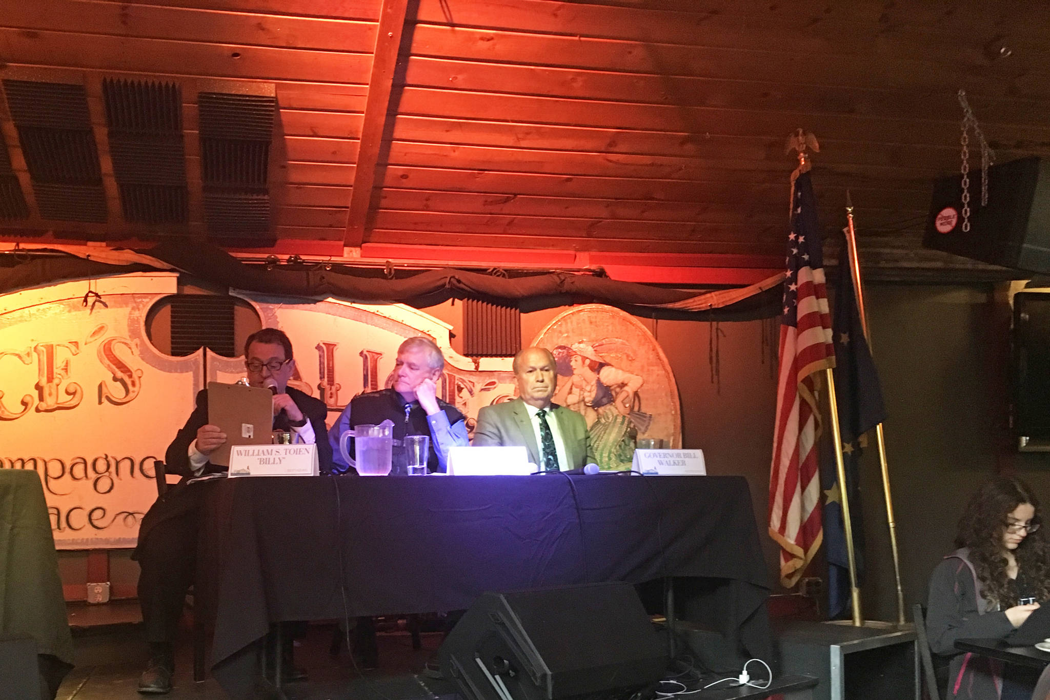 From left to right: Candidates for Alaska governor William Toien, Mead Treadwell and current Governor Bill Walker participate in a forum Tuesday, Aug. 14, 2018 held at Alice’s Champagne Palace in Homer, Alaska. They are joined in the race by Democrat Mark Begich and Republican Mike Dunleavy. (Photo by Megan Pacer/Homer News)