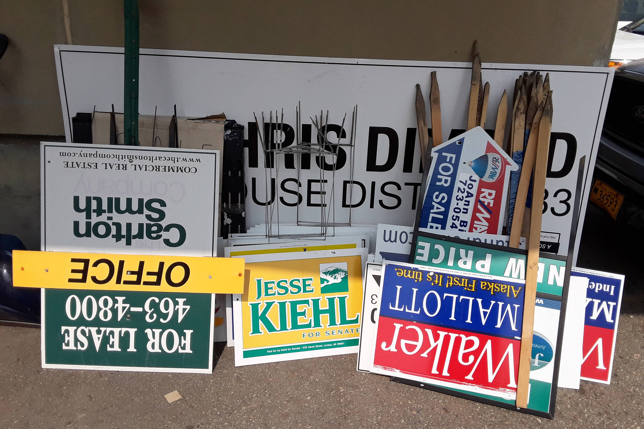 <span class="neFMT neFMT_PhotoCredit">Courtesy photo</span>                                A collection of signs confiscated in Juneau is seen at an Alaska Department of Transportation and Public Facilities facility on July 24, 2018 in this image provided by the DOT.