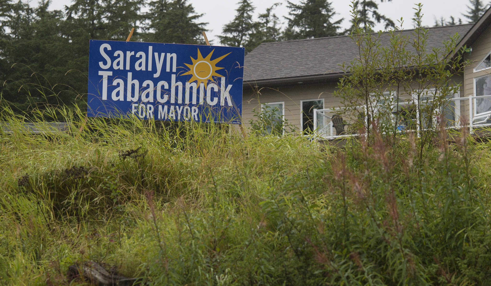 A Saralyn Tabachnick for mayor election sign on Mendenhall Loop Road on Friday, Aug. 24, 2018. Alaska statute states signs on private or commercial property cannot be located within 660 feet of a state-maintained road or “with the purpose of their message being read from the main traveled way.” (Michael Penn | Juneau Empire)