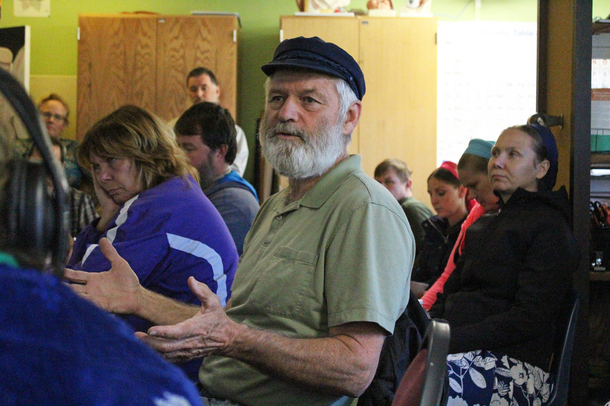 Rep. Paul Seaton speaks during a community meeting Thursday, Aug. 30, 2018 at the middle-high school building in Kachemak Selo, Alaska. Kenai Peninsula Borough, school district and government representatives were there to share information on a proposed new school for the community and answer questions. (Photo by Megan Pacer/Homer News)