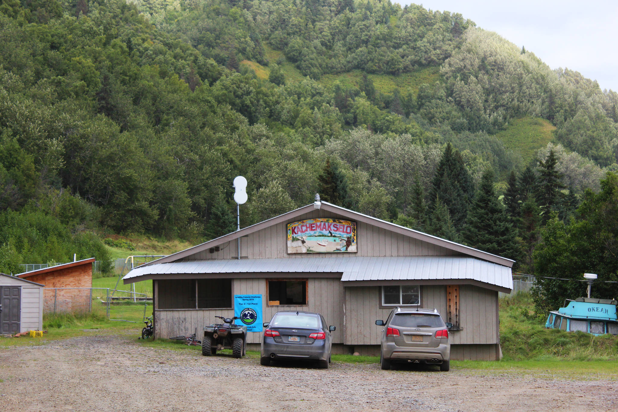 One of the two buildings used to teach elementary school children in Kachemak Selo sits on the outer edge of the village Thursday, Aug. 30, 2018 in the village at the head of Kachemak Bay. (Photo by Megan Pacer/Homer News)