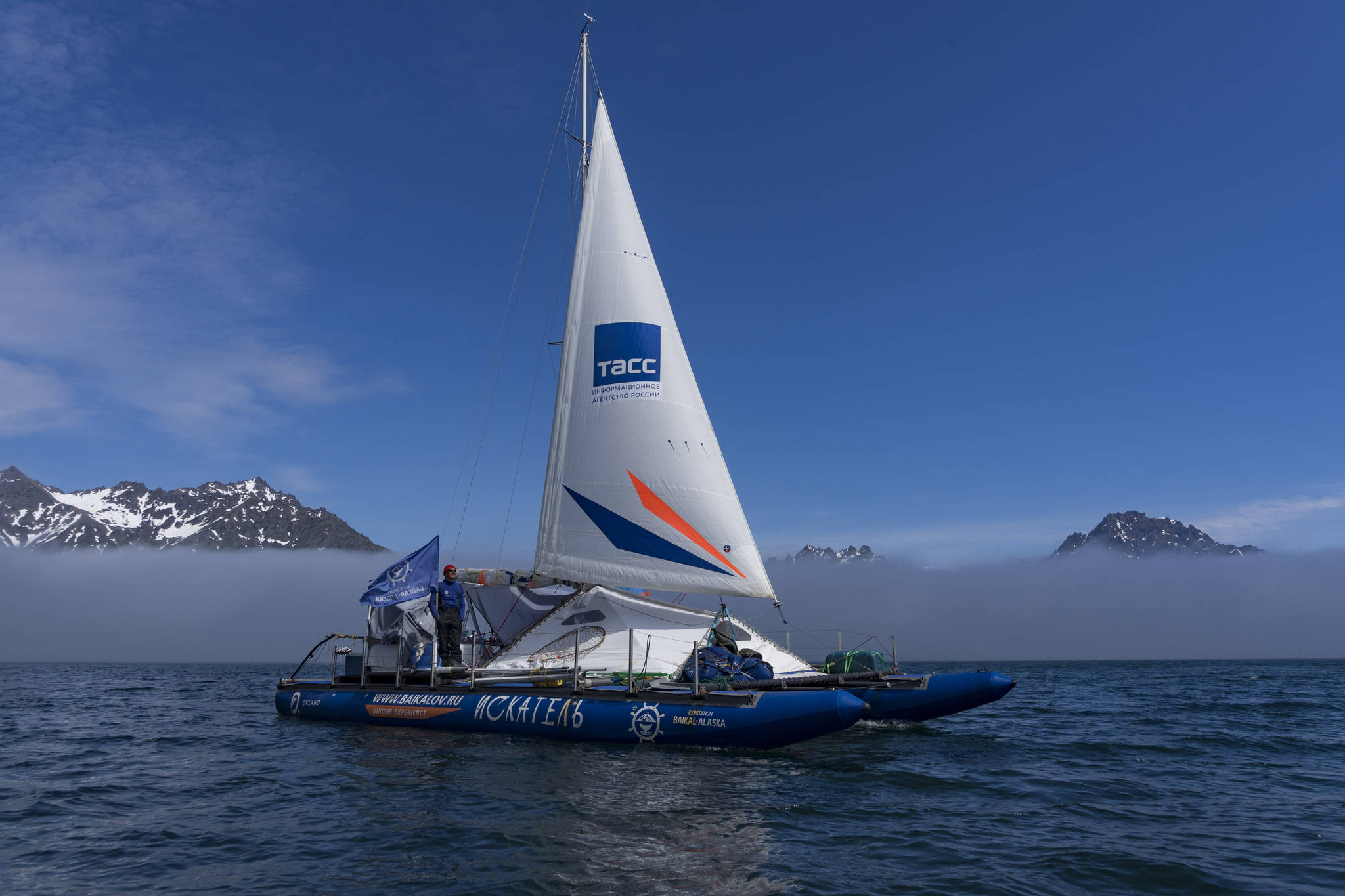 Iskatel at sea earlier this summer. Last Thursday morning, Aug. 30, 2018, the inflatable catamaran arrived at the Homer, Alaska, harbor after a two-year trip from Lake Baikal, Russia, to Homer, arriving Aug. 26. (Photo provided/Baikal-Alaska Expedition)