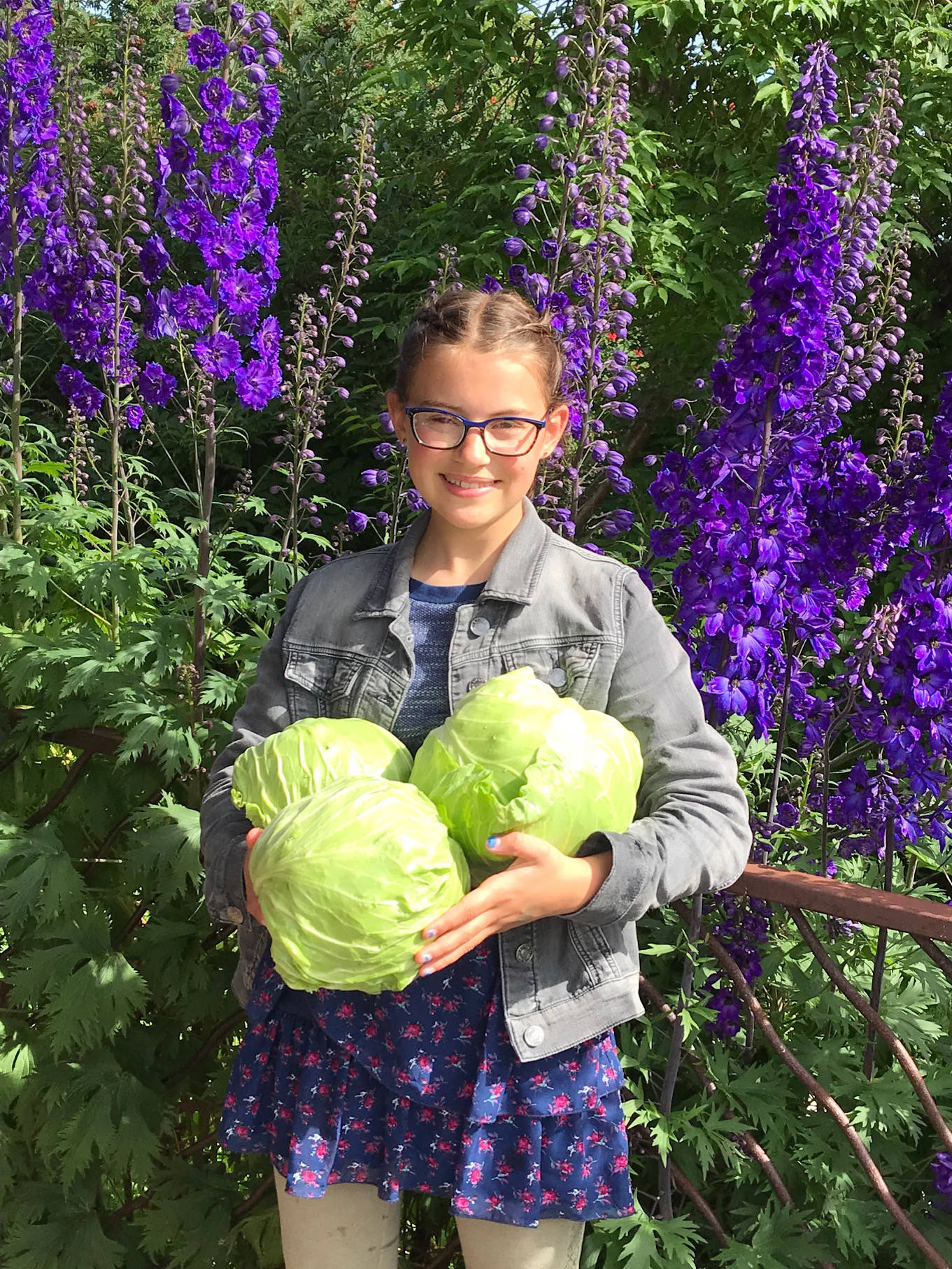 In this photo taken Aug. 10, 2018, in Homer, Alaska, Cecilia Fitzpatrick poses with her first ever cabbage harvest. (Photo by Rosemary Fitzpatrick)