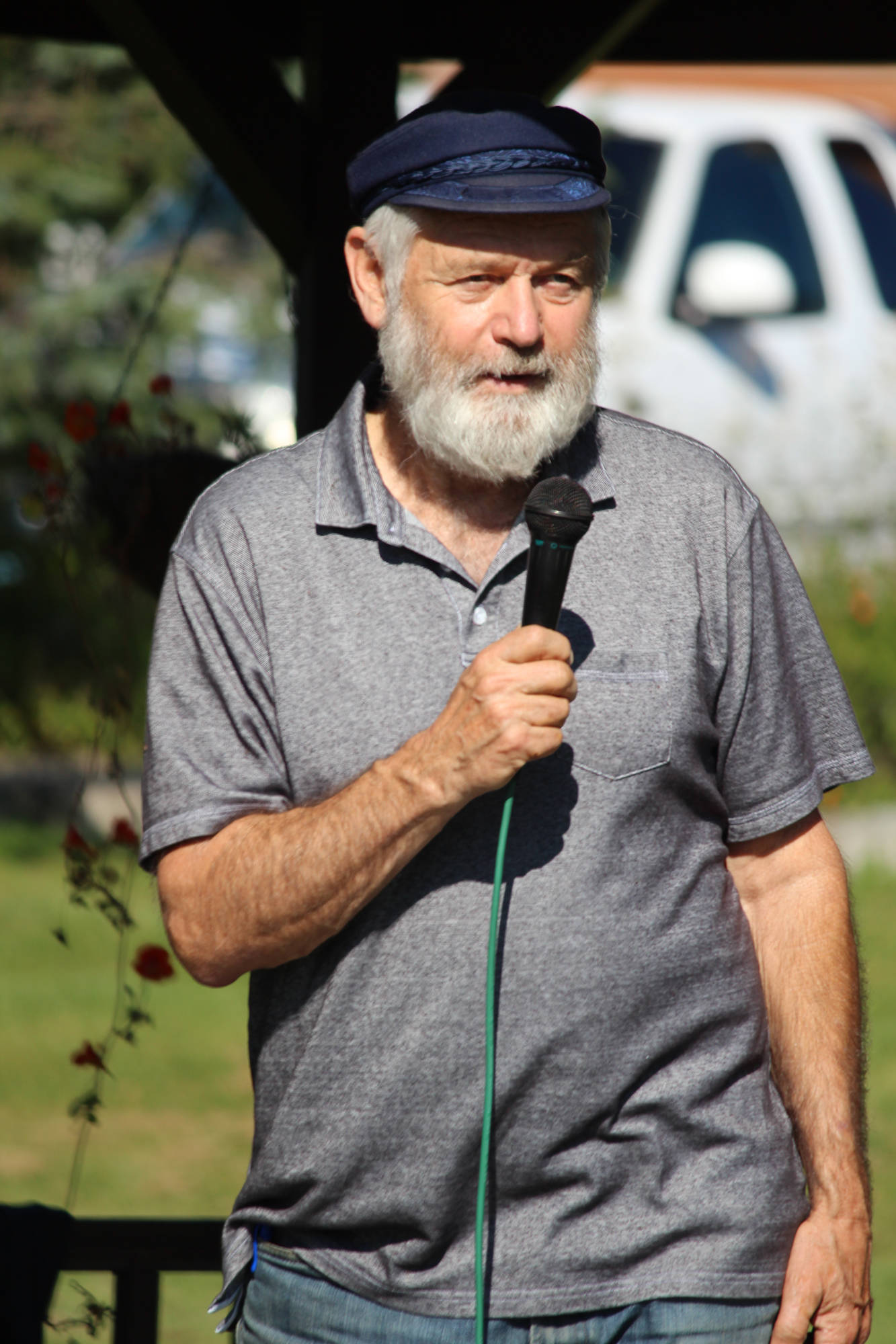 Rep. Paul Seaton speaks at the Rise for Climate, Jobs and Justice rally and march Saturday, Sept. 8, 2018 at WKFL Park in Homer, Alaska. (Photo by Megan Pacer/Homer News)
