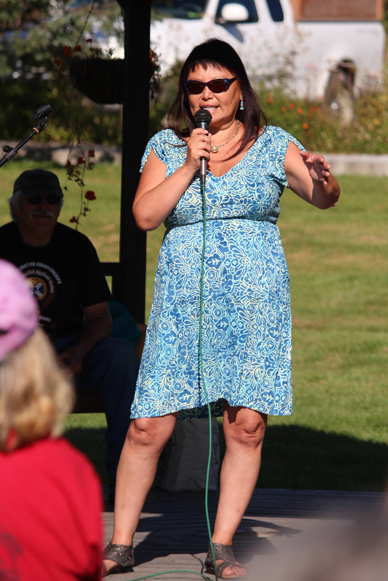 Aleut and Yupik Eskimo Lydia Olympic, who worked with The Wilderness Society as a tribal advocate, gives a speech Saturday, Sept. 8, 2018 at the Rise for Climate, Jobs and Justice rally and march at WKFL Park in Homer, Alaska. The local event, which between 80-90 people attended, was part of a larger movement of rallies held nationally on Sept. 8. (Photo by Megan Pacer/Homer News)