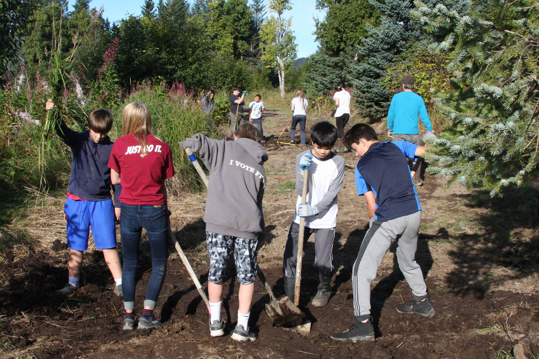 Homer Middle School eighth grade students dig ditches at Area 9 on the trail in preparation for the installation of two French drain systems at the restoration event on Wednesday, Sept. 12, 2018, in Homer, Alaska. (Photo by Delcenia Cosman)