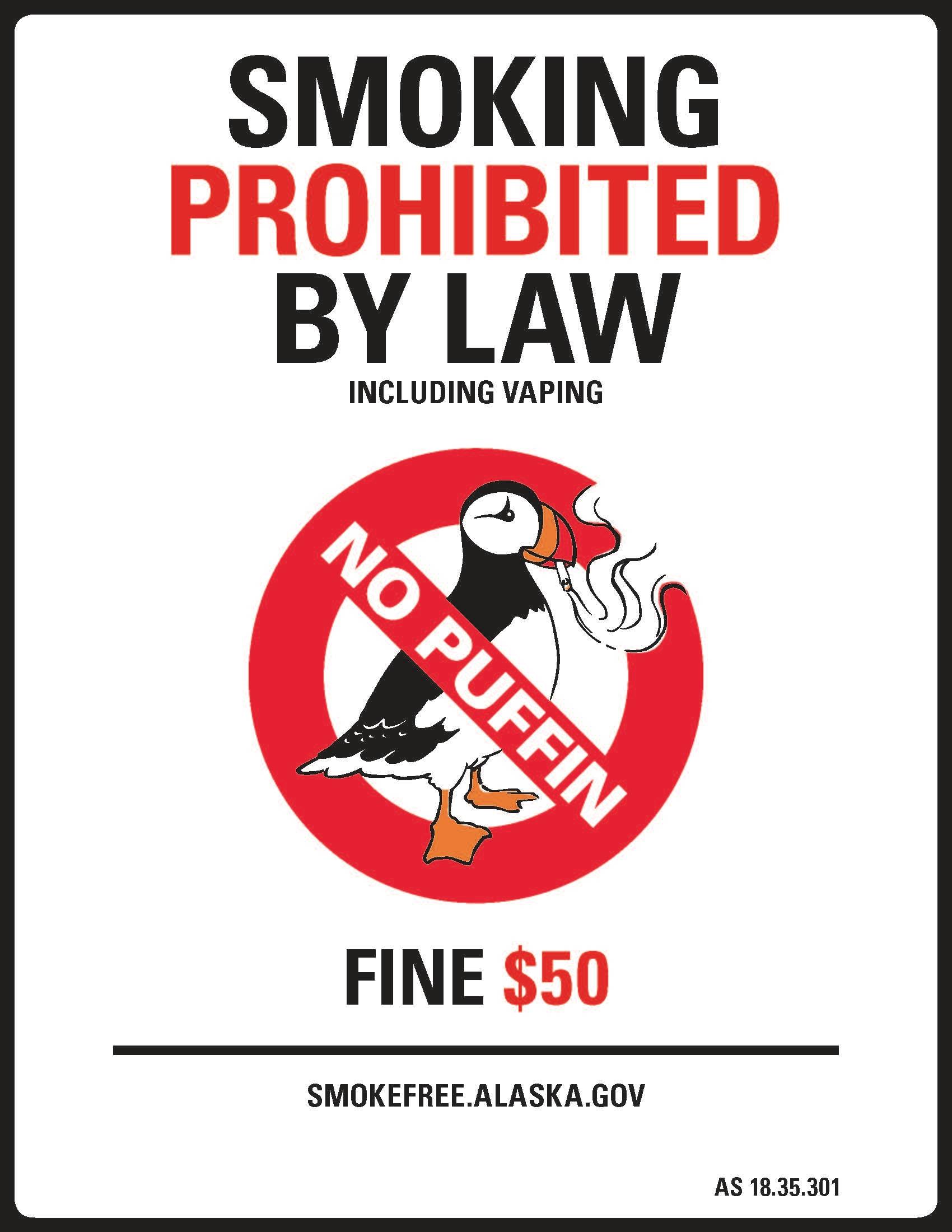 On Oct. 1, 2018, Alaska businesses will be required to put up signs like this available from the State of Alaska to indicate that workplaces are now smoke-free. (Image provided, State of Alaska)