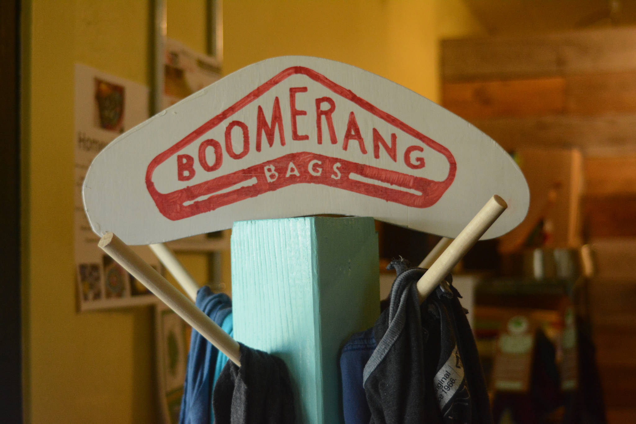 A display of Boomerang Bags is available at Sustainable Wares, shown here Tuesday, Sept. 25, 2018 on Ocean Drive in Homer, Alaska. Store owner Karen West said that people have been regularly using the bags. (Photo by Michael Armstrong/Homer News)