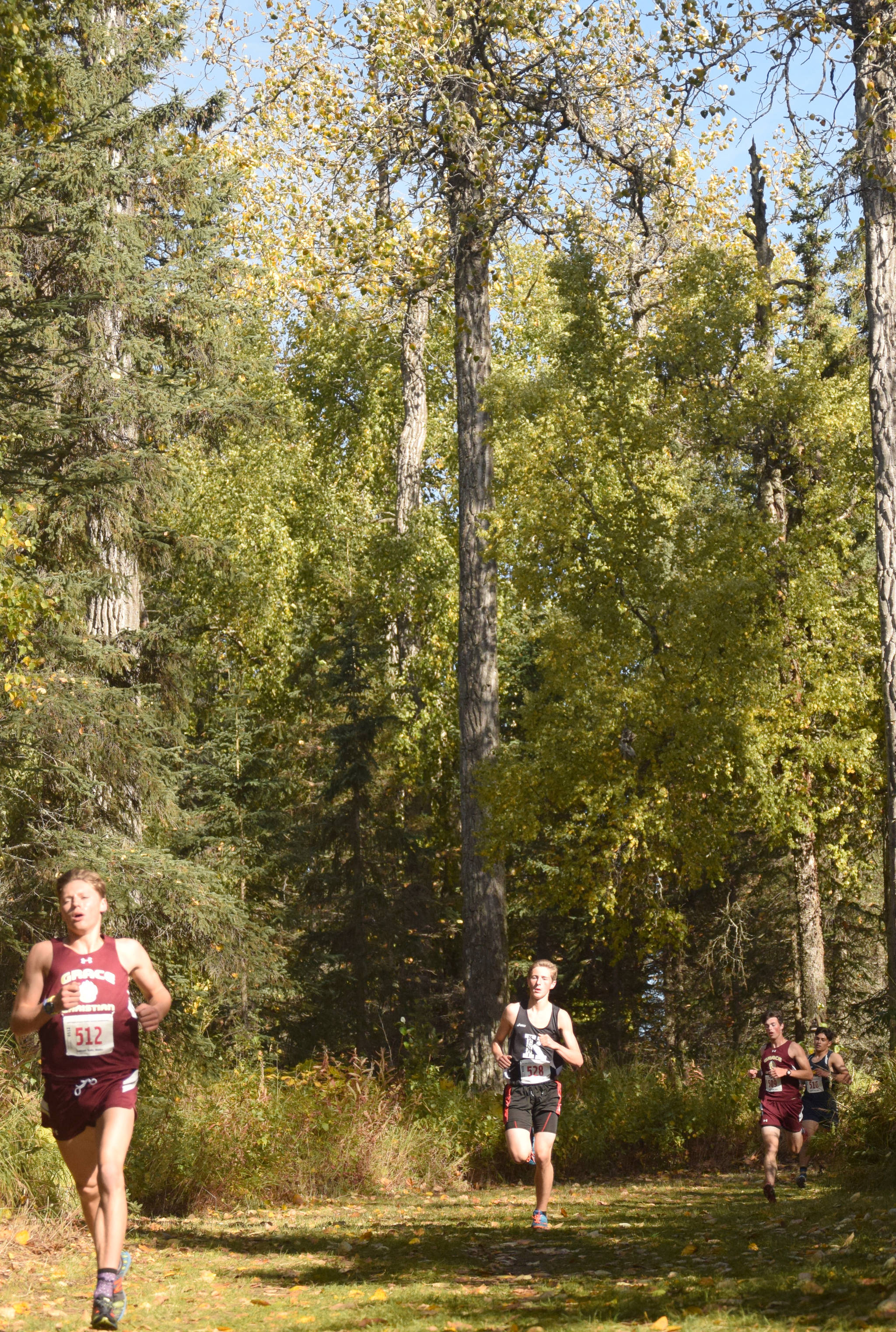Grace Christian’s Gabe Martin leads Kenai Central’s Maison Dunham and the pack down a hill Saturday, Sept. 22, 2018, in the Division II race at the Region 3 meet at Tsalteshi Trails. (Photo by Jeff Helminiak/Peninsula Clarion)