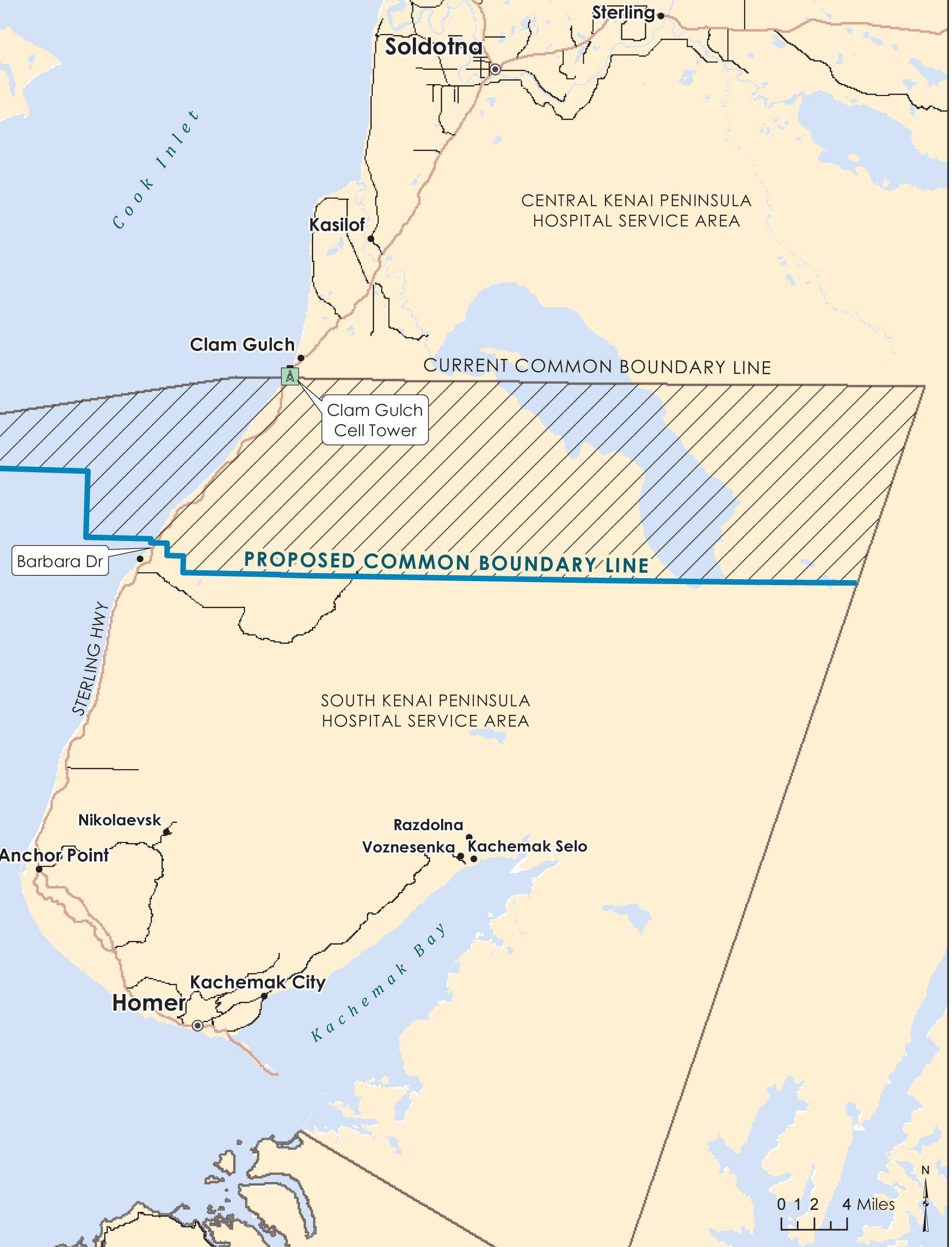 <span class="neFMT neFMT_PhotoCredit">Image courtesy Kenai Peninsula Borough</span>                                A map of the proposed boundary change in Proposition 2. The shaded area shows the boundary move and the new area to be included in the Central Kenai Peninsula Hospital Service Area.