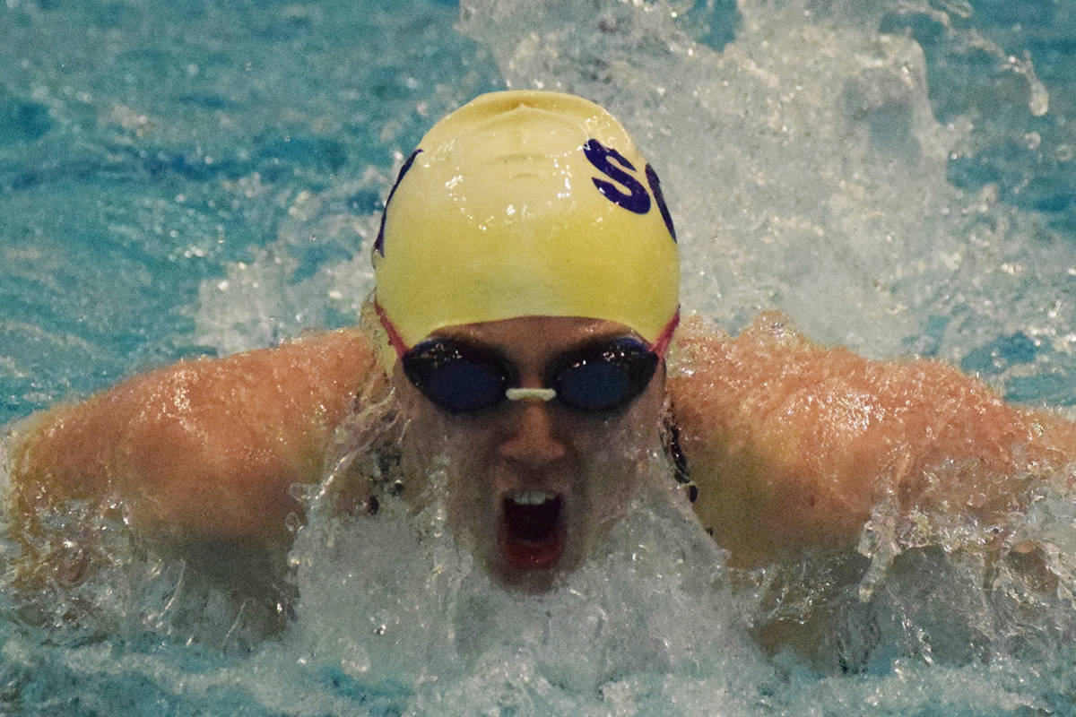 Soldotna’s Darby McMillan races in the girls 100-yard butterfly at the SoHi dual meet Friday, Oct. 12, 2018 at Soldotna High School in Soldotna, Alaska. (Photo by Joey Klecka/Peninsula Clarion)