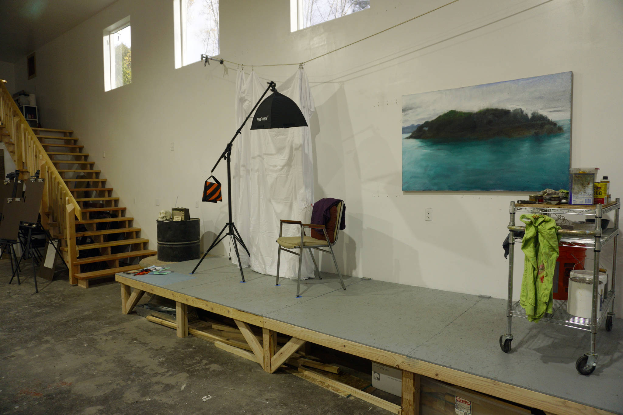 The Shop, shown here Tuesday, Oct. 16, 2018 in Kachemak City, Alaska, includes a posing space for portrait classes. Artists Elissa and David Pettibone started the art space in August. (Photo by Michael Armstrong/Homer News)
