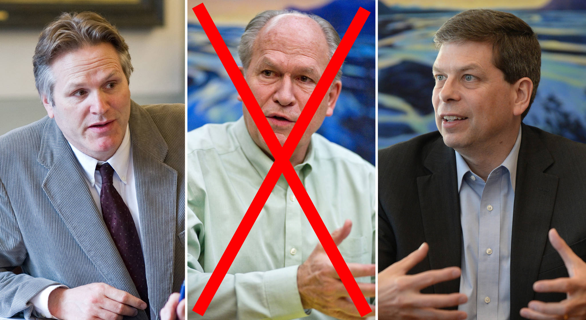 Gov. Bill Walker has withdrawn from the general election, he said Friday afternoon, Oct. 19, 2018. Republican candidate Mike Dunleavy, left, Democratic candidate Mark Begich, right, and Libertarian candidate Bily Toien (not pictured) remain in the race. (Composite image)