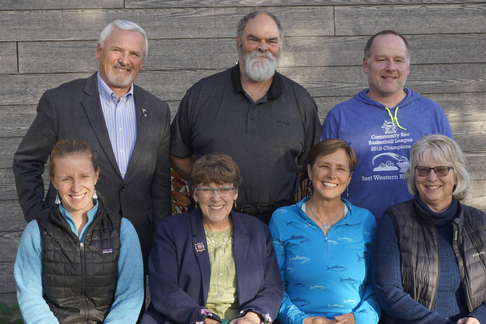 Homer Mayor Ken Castner and the Homer City Council pose for a photo after their work session Monday, Oct. 22, 2018, at Homer City Hall, Alaska. From left to right, back, are council member Tom Stroozas, Castner and council member Heath Smith. In front, left to right, are Rachel Lord, Caroline Venuti, Donna Aderhold and Shelly Erickson. (Photo by Michael Armstrong/Homer News)