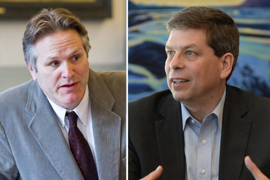 Republican governor candidate Mike Dunleavy, left, and Democratic governor candidate Mark Begich, right, faced each other in their first head-to-head debate just 90 minutes after incumbent independent Gov. Bill Walker announced he was suspending his campaign. (Composite image)