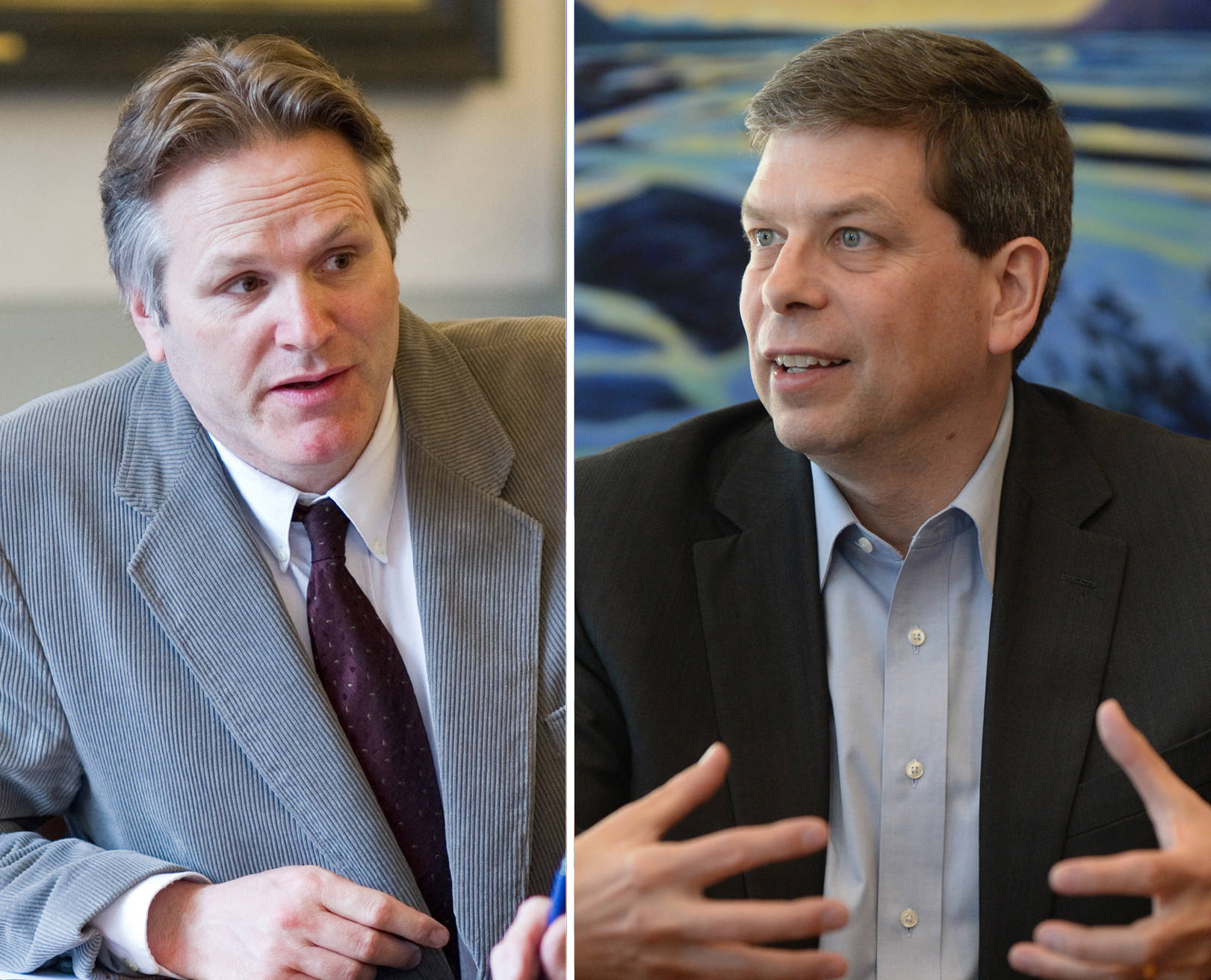 Republican governor candidate Mike Dunleavy, left, and Democratic governor candidate Mark Begich, right, faced each other in their first head-to-head debate just 90 minutes after incumbent independent Gov. Bill Walker announced he was suspending his campaign. (Composite image)                                Republican governor candidate Mike Dunleavy, left, and Democratic governor candidate Mark Begich, right, faced each other in their first head-to-head debate just 90 minutes after incumbent independent Gov. Bill Walker announced he was suspending his campaign. (Composite image)