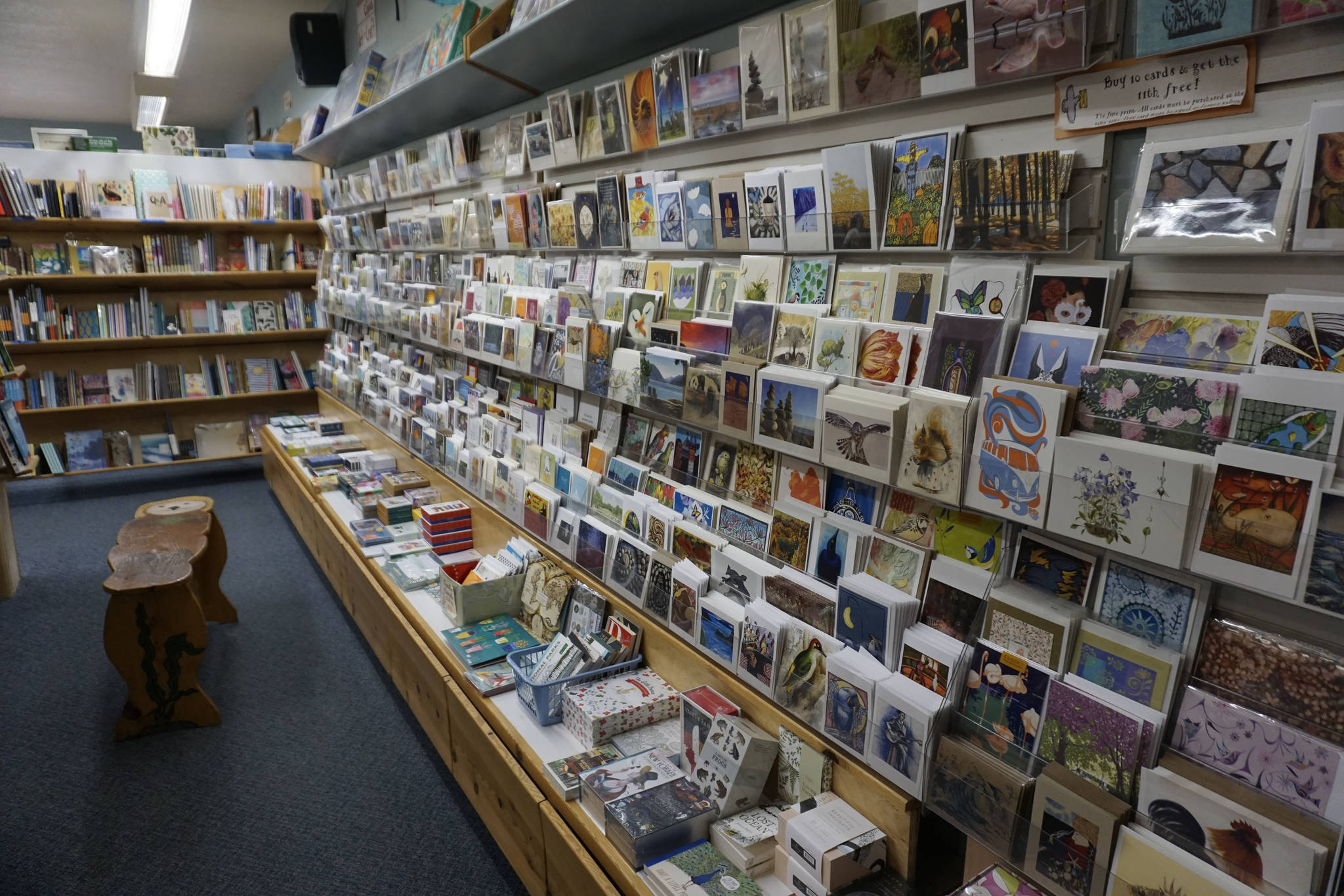 The card section at the Homer Bookstore on Oct. 29, 2018, in Homer, Alaska. The store features many cards by Alaska and local artists. (Photo by Michael Armstrong/Homer News)