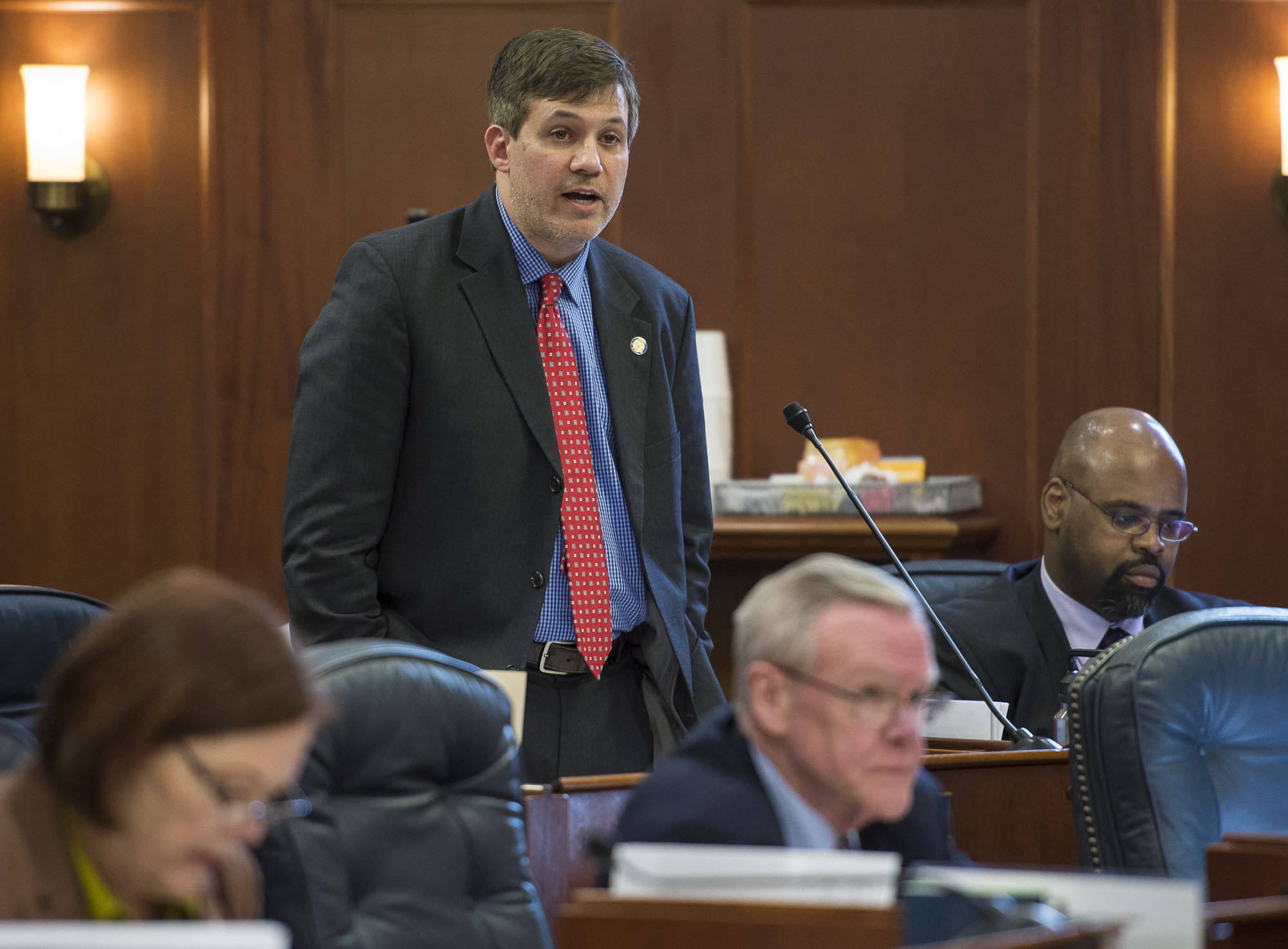 Sen. Bill Wielechowski, D-Anchorage, speaks to his amendment to the state’s operating budget to inflation-proof the Alaska Permanent Fund in the Senate at the Capitol on Thursday, April 12, 2018. (Michael Penn | Juneau Empire file)