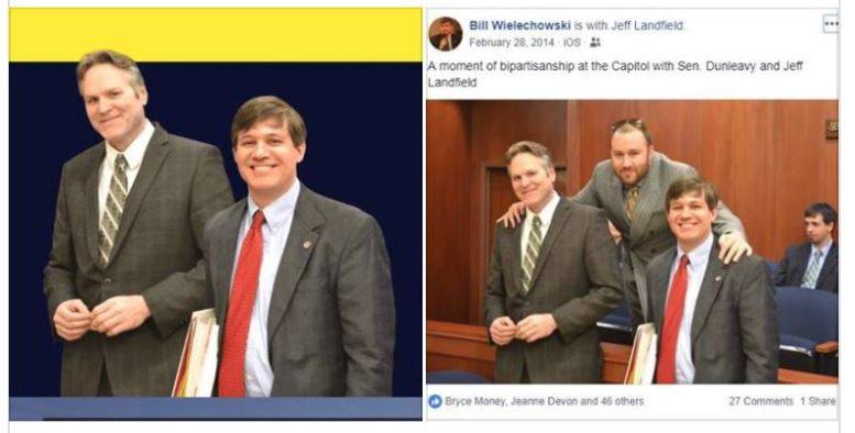 This screenshot of a Facebook post by political blogger Jeff Landfield shows his original 2014 image at right and the cropped version published by Dunleavy for Alaska at left. (Screenshot)