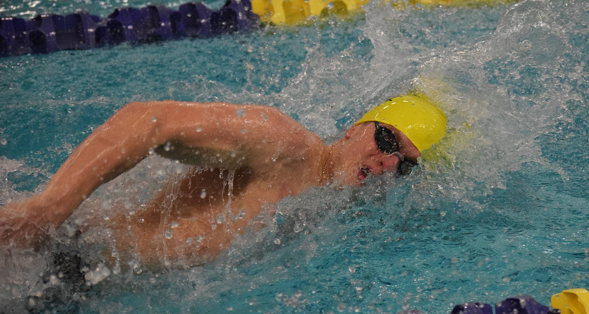 Homer’s Clayton Arndt races in the boys 100-yard freestyle final Saturday, Nov. 3, 2018 at the 2018 ASAA swimming and diving state championships at Bartlett High School in Anchorage, Alaska. (Photo by Joey Klecka/Peninsula Clarion)