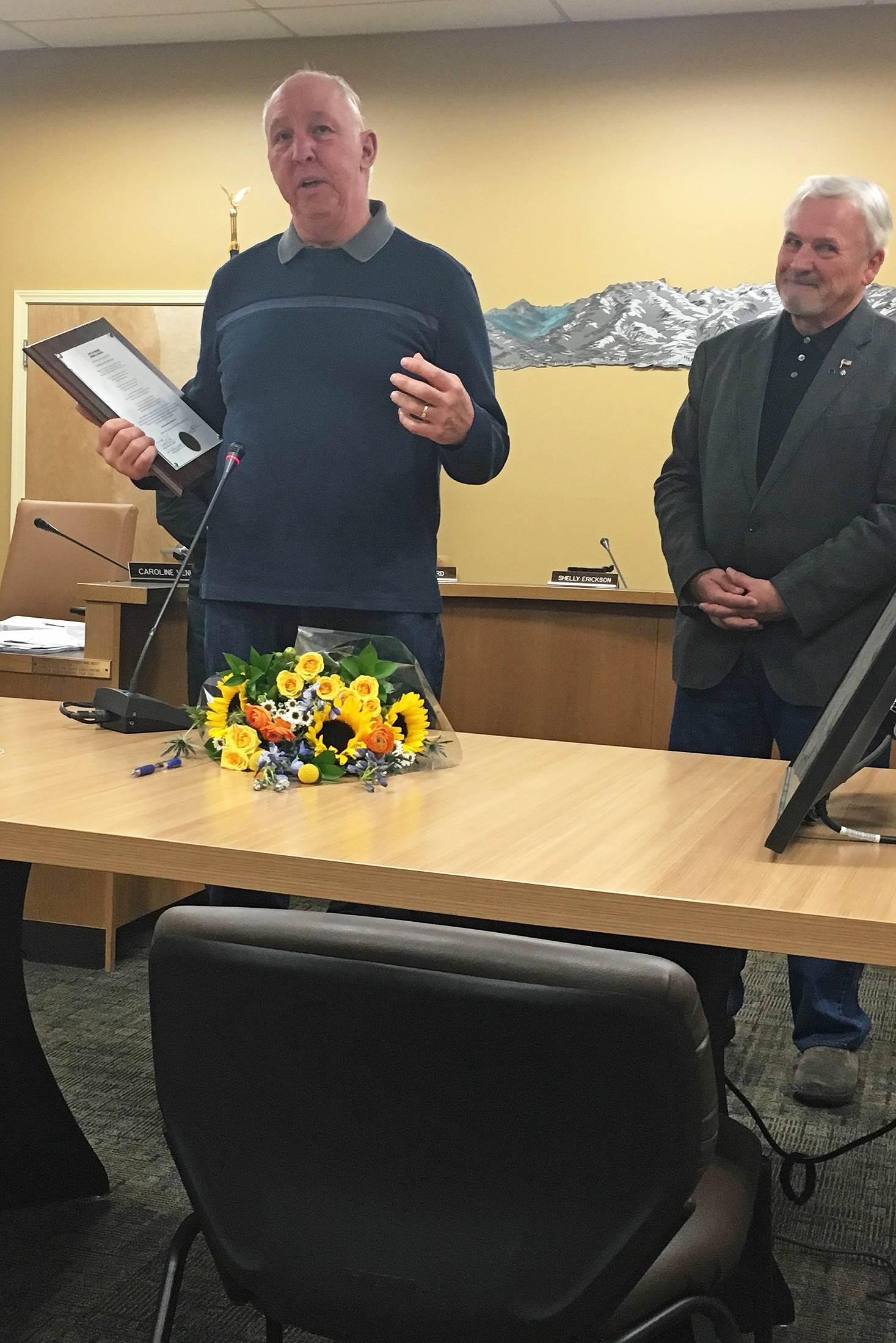 Former Homer Mayor Bryan Zak speaks after receiving an official recognition for his time serving the city at the Monday, Nov. 26, 2018 Homer City Council meeting at Homer City Hall in Homer, Alaska. Zak was also presented with a quilt of valor from the Kachemak Bay Quilters in honor of his 20 years of service with the U.S. Air Force. (Photo by Megan Pacer/Homer News)