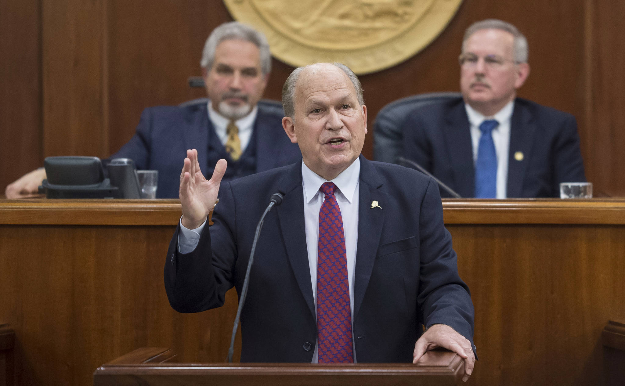 <span class="neFMT neFMT_PhotoCredit">File photo by Michael Penn/Juneau Empire</span>                                In this Jan. 18 photo, Gov. Bill Walker speaks during his State of the State address before a joint session of the Alaska Legislature at the Capitol. Senate President Pete Kelly, R-Fairbanks, left, and Speaker of the House Bryce Edgmon, D-Dillingham, watch from the Speakers desk in the background.