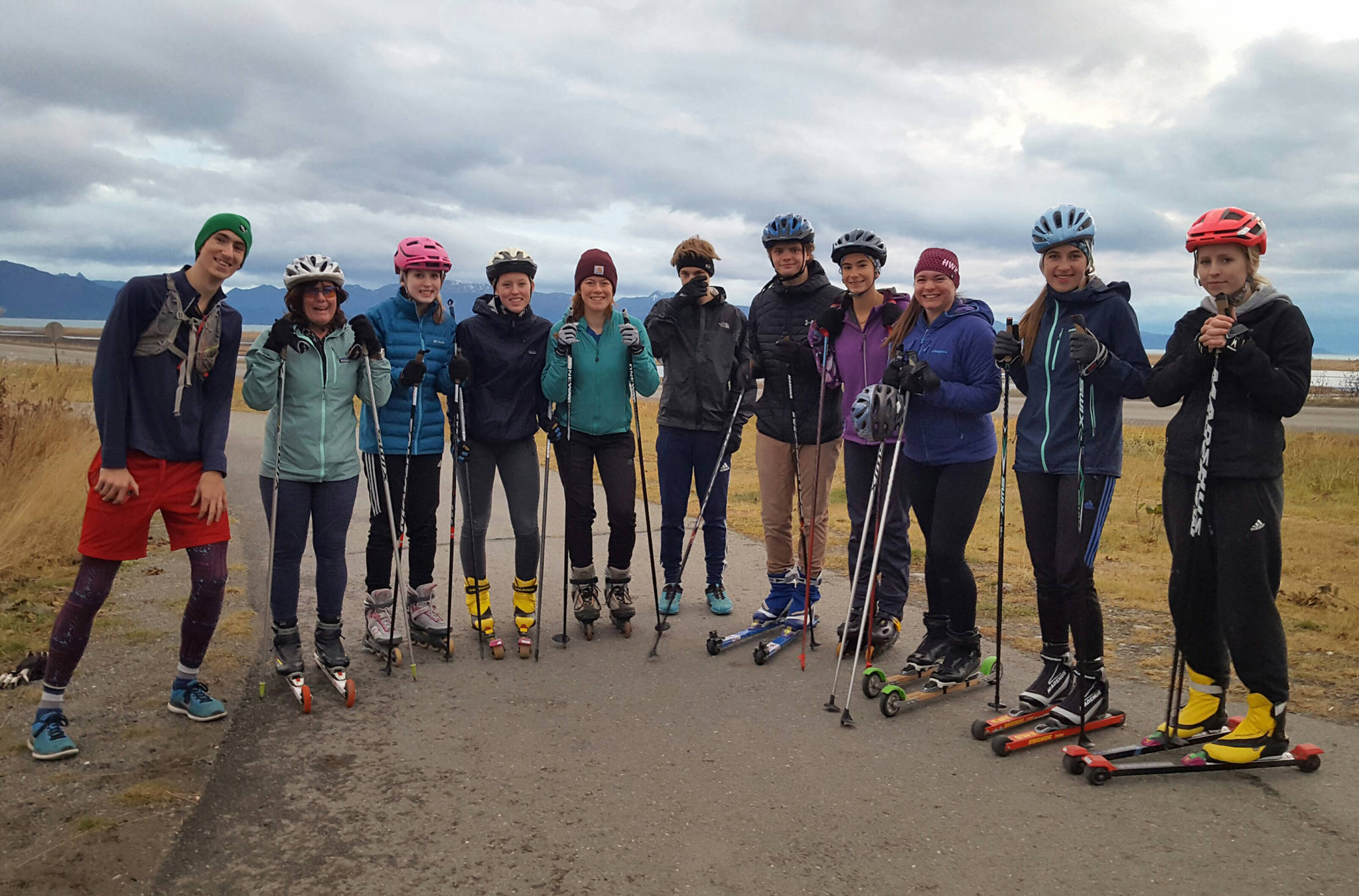 Members of the Homer High School cross-country ski team pose while practicing on roller skis on the Homer Spit in Homer, Alaska. (Photo courtesy Alison O’Hara)