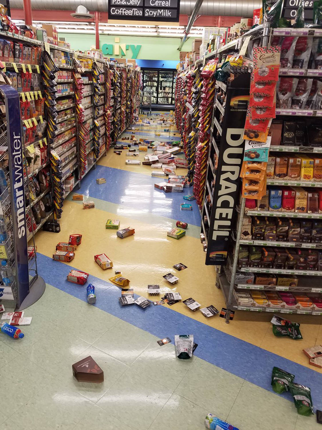 This photo provided by David Harper shows merchandise that fell off the shelves during an earthquake at a store in Anchorage, Alaska, on Friday, Nov. 30, 2018. Back-to-back earthquakes measuring 7.0 and 5.8 rocked buildings and buckled roads Friday morning in Anchorage, prompting people to run from their offices or seek shelter under office desks, while a tsunami warning had authorities urging people to seek higher ground. (Photo by David Harper via AP)
