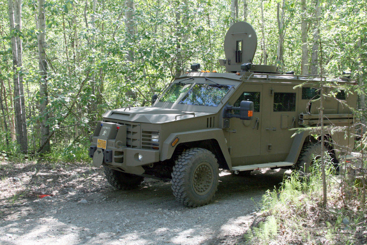 One of the Alaska State Troopers 20,000-pound BearCat armored tactical response vehicles, shown here at a 2013 Special Emergency Reaction Team training session in the Matanuska-Susitna river valley area. (Photo by Megan Peters, Alaska State Troopers)
