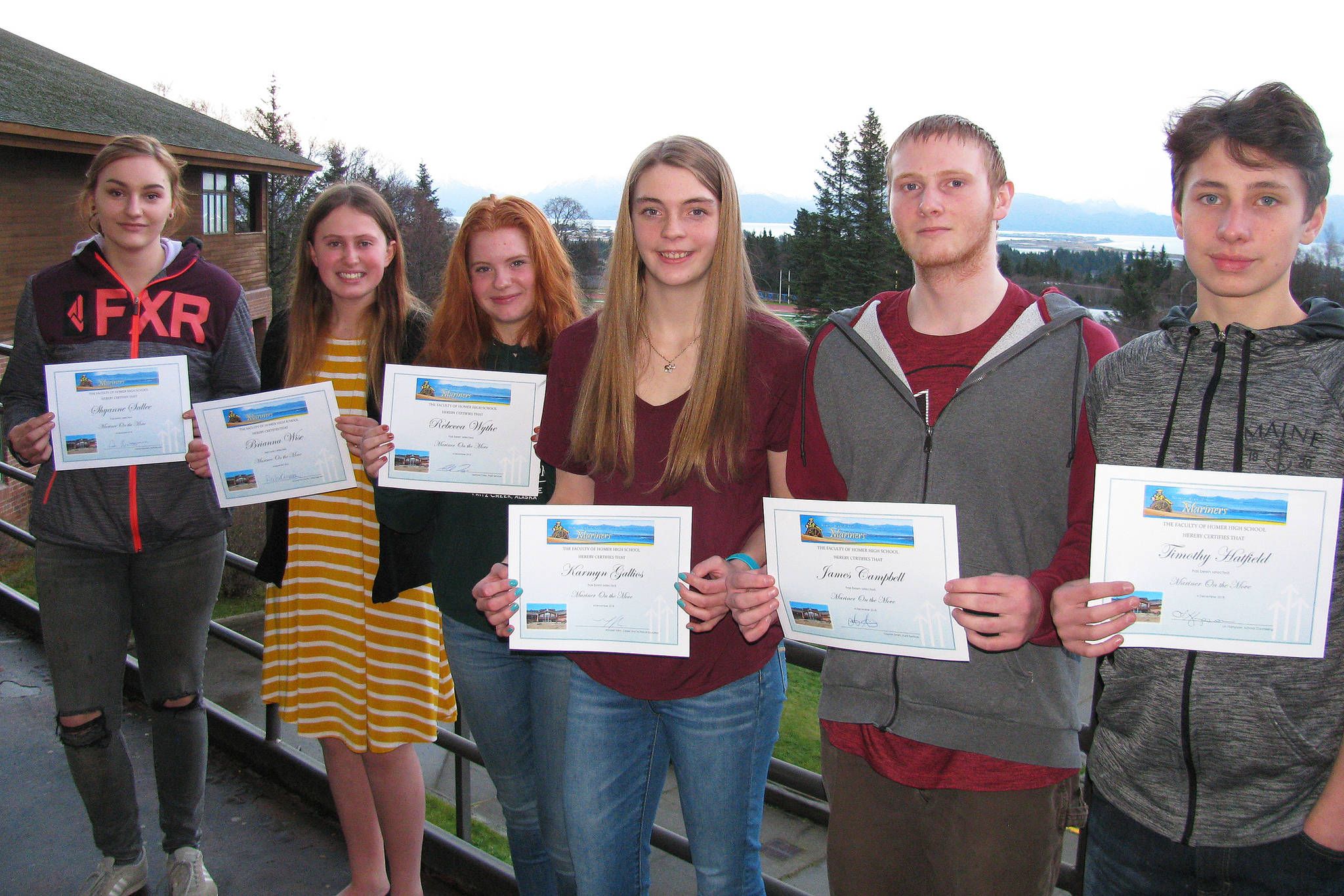 <span class="neFMT neFMT_PhotoCredit">Photo courtesy Paul Story</span>                                Pictured left to right are Homer High School students Shyanne Sallee, Brianna Wise, Rebecca Wythe, Karmyn Gallios, James Campbell and Timmy Hatfield, winners of this quarter’s Mariners on the Move awards. Winners not pictured are Katie Lane and Alex Miller.
