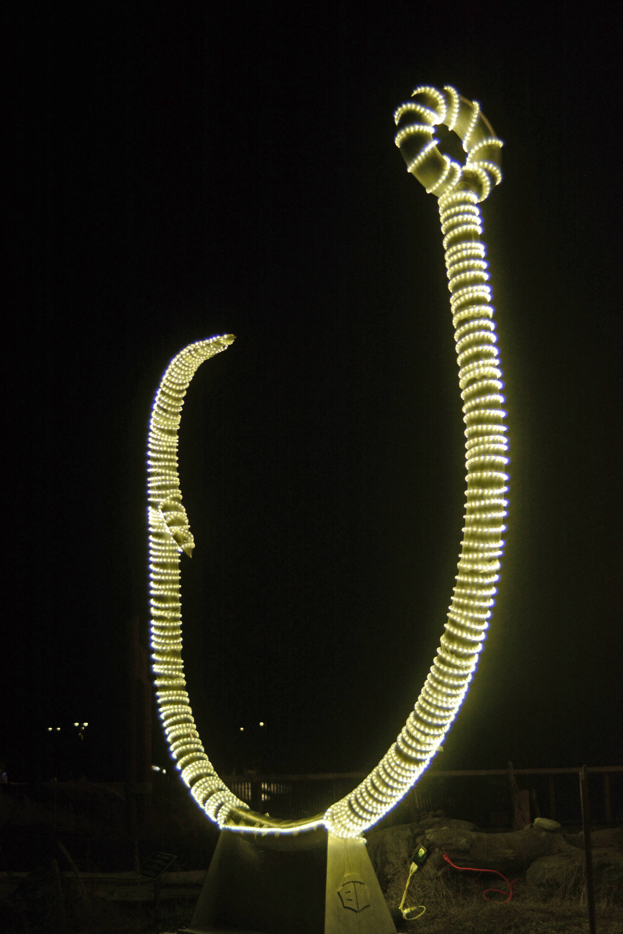 The halibut hook at the Homer Harbor has been wrapped in lights for the dark winter on Nov. 17 in Homer. (Photo by Michael Armstrong/Homer News)