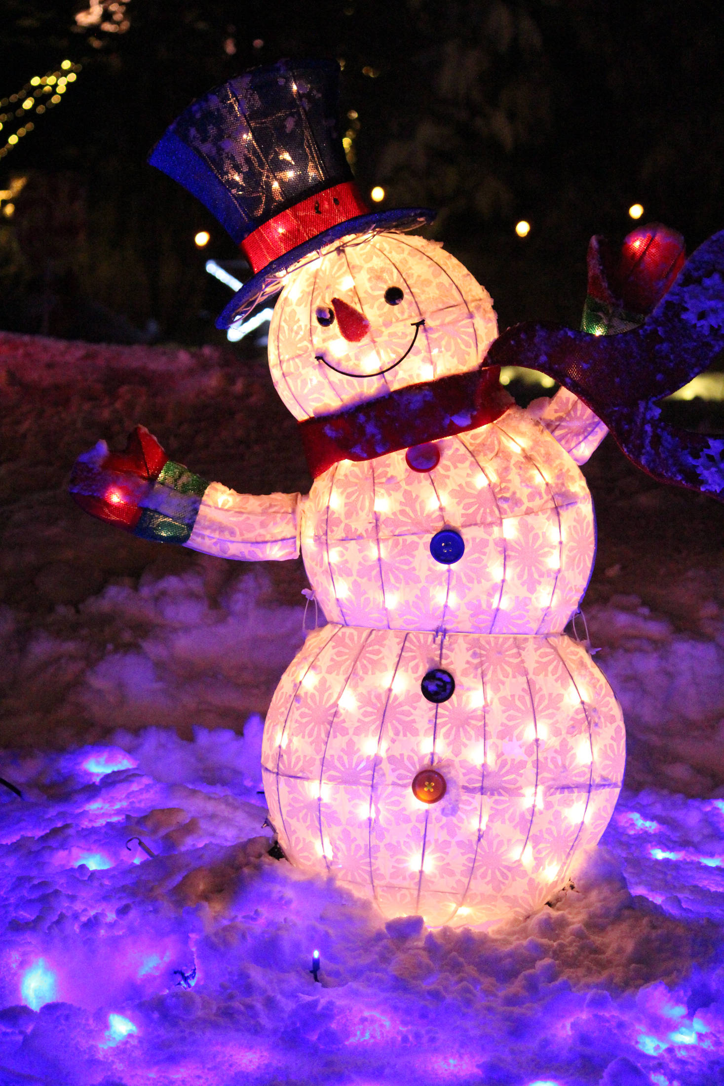 A lit up snowman waves and smiles at people as they walk by Saturday, Dec. 15, 2018 at the Bear Creek Winery Garden of Lights in Kachemak City, Alaska. (Photo by Megan Pacer/Homer News)