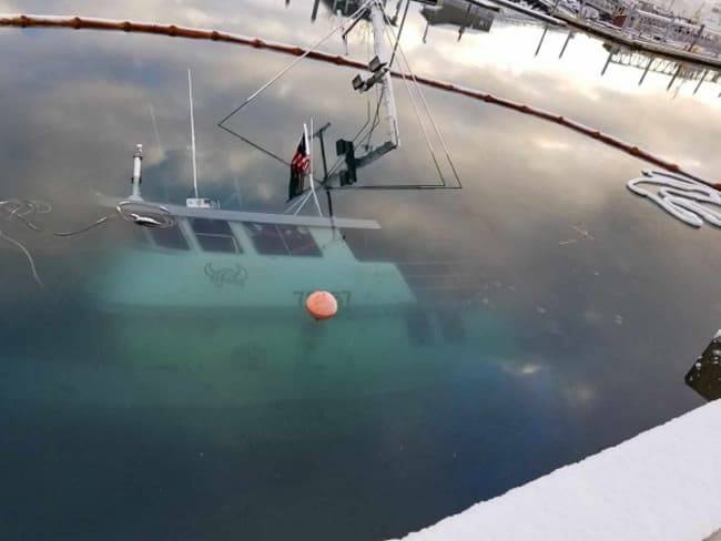The F/V Nordic Viking sank in the Seward Harbor around the time it sank on Dec. 9 2018 in Seward, Alaska. (Photo courtesy of Alaska Department of Environmental Conservation)