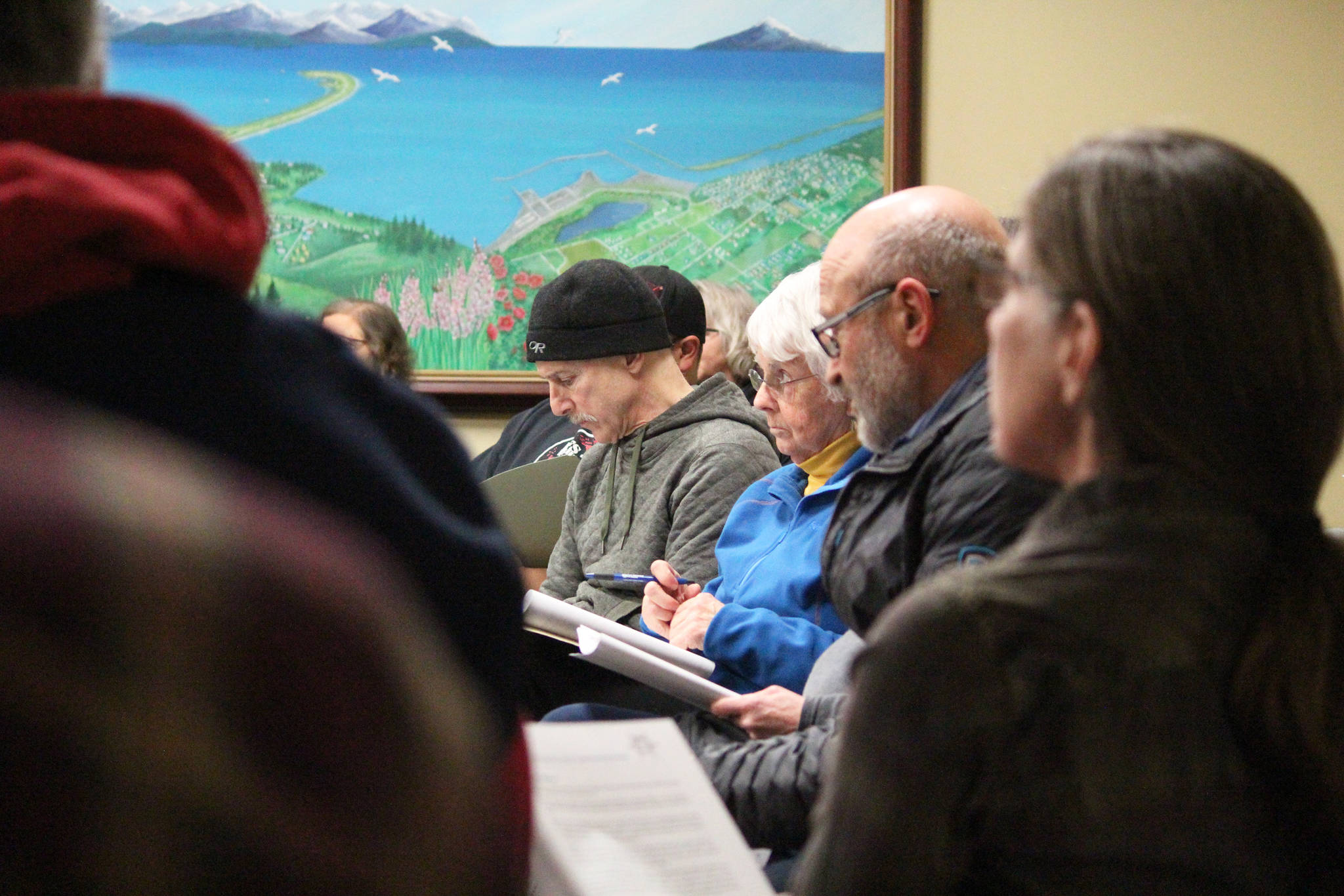 Members of the public listen during a Tuesday, Jan. 22, 2019 community meeting to discuss task force recommendations on the Homer Education and Recreation Complex, held at City Hall in Homer, Alaska. (Photo by Megan Pacer/Homer News)