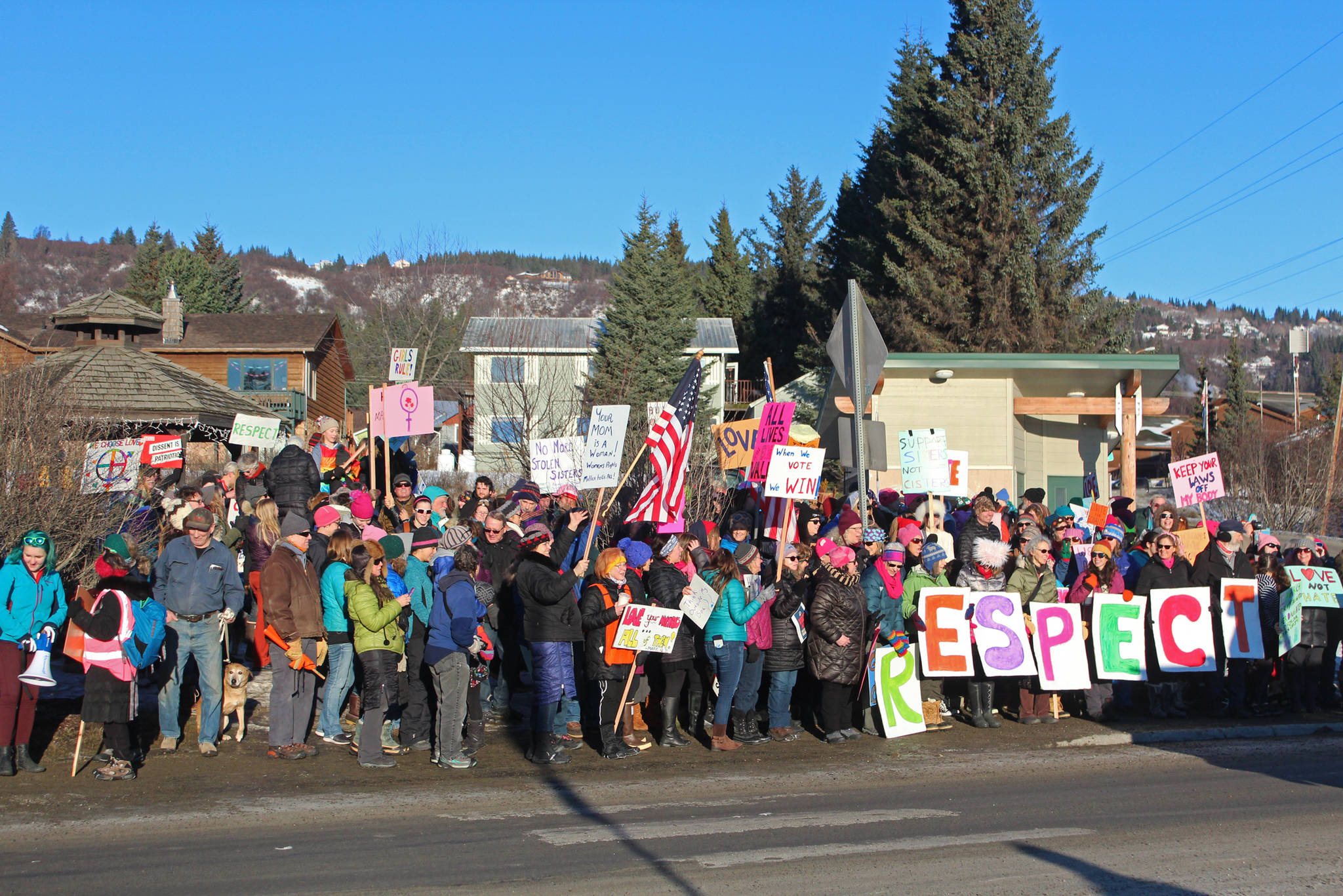 Participants in the 2019 Women’s March on Homer gather at WKFL Park following the march Saturday, Jan. 19, 2019 in Homer, Alaska. (Photo by Megan Pacer/Homer News)