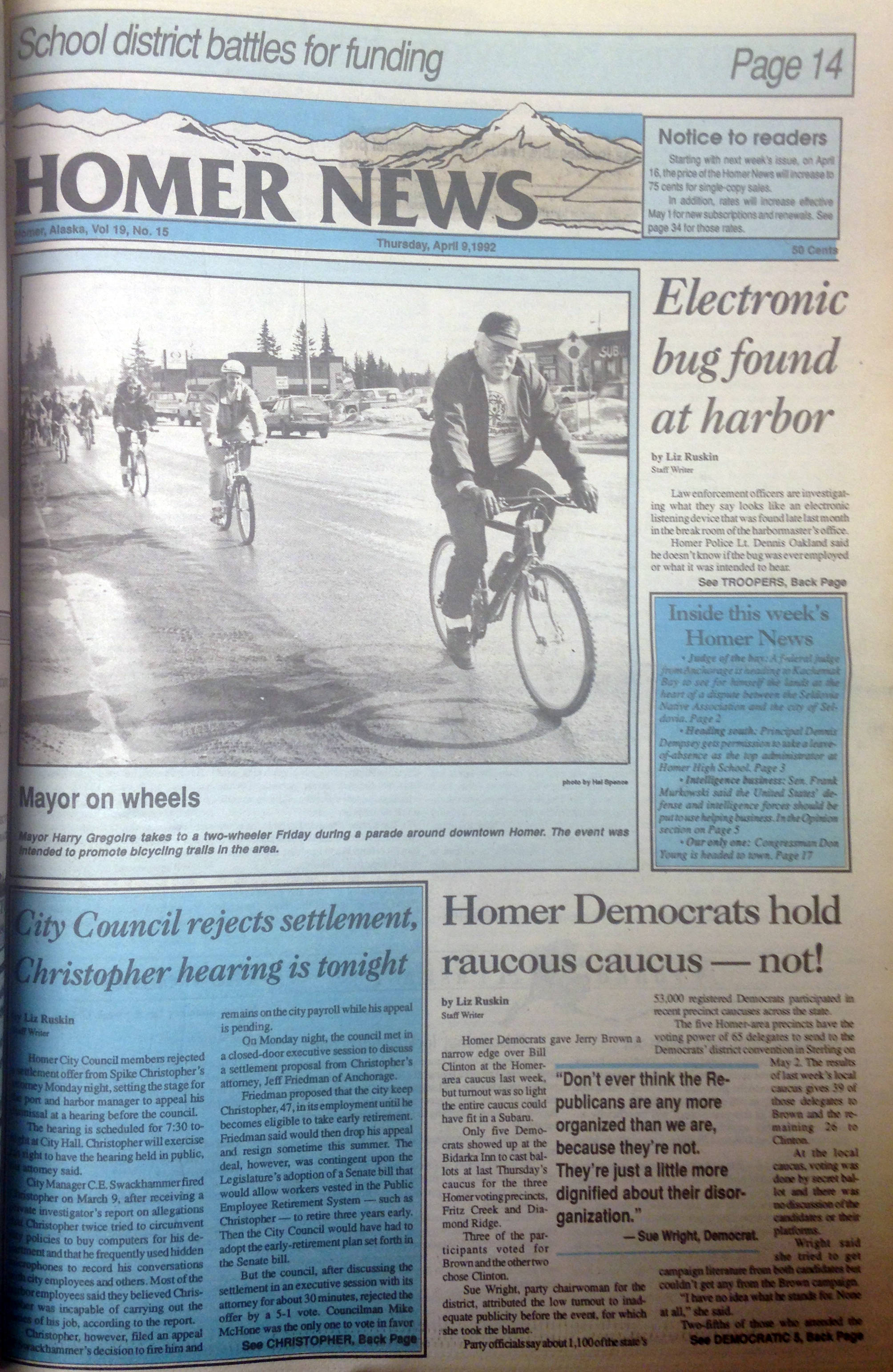 The cover of the April 3, 1992 Homer News, the last issue before the price increased from 50 cents to 75 cents. (Photo by Michael Armstrong/Homer News)