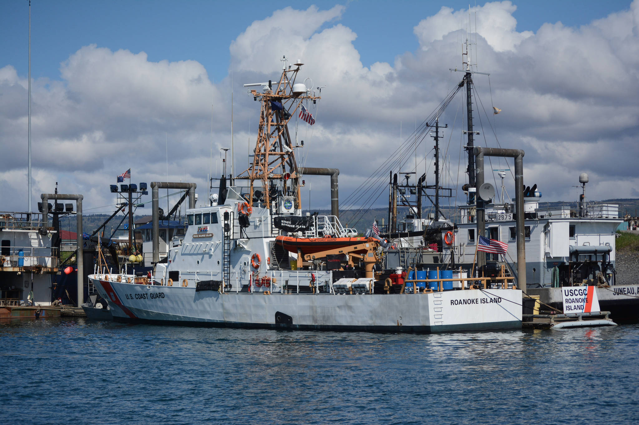 The US Coast Guard Cutter Roanoke Island is moored at the Homer Harbor on June 2, 2015, in Homer, Alaska. Commissioned in 1992, the 110-foot Island class cutter was decommissioned that month. (Photo by Michael Armstrong/Homer News)
