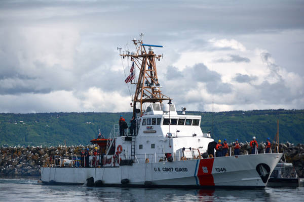 The U.S. Coast Guard Cutter Roanoke Island leaves the Homer Harbor on June 20, 2015, as she sets sail on a 7,000-nautical mile journey to Baltimore, Md., for decommissioning. The 110-foot Island class cutter was formally decommissioned in a ceremony in early June 2015. (Photo by Michael Armstrong/Homer News)