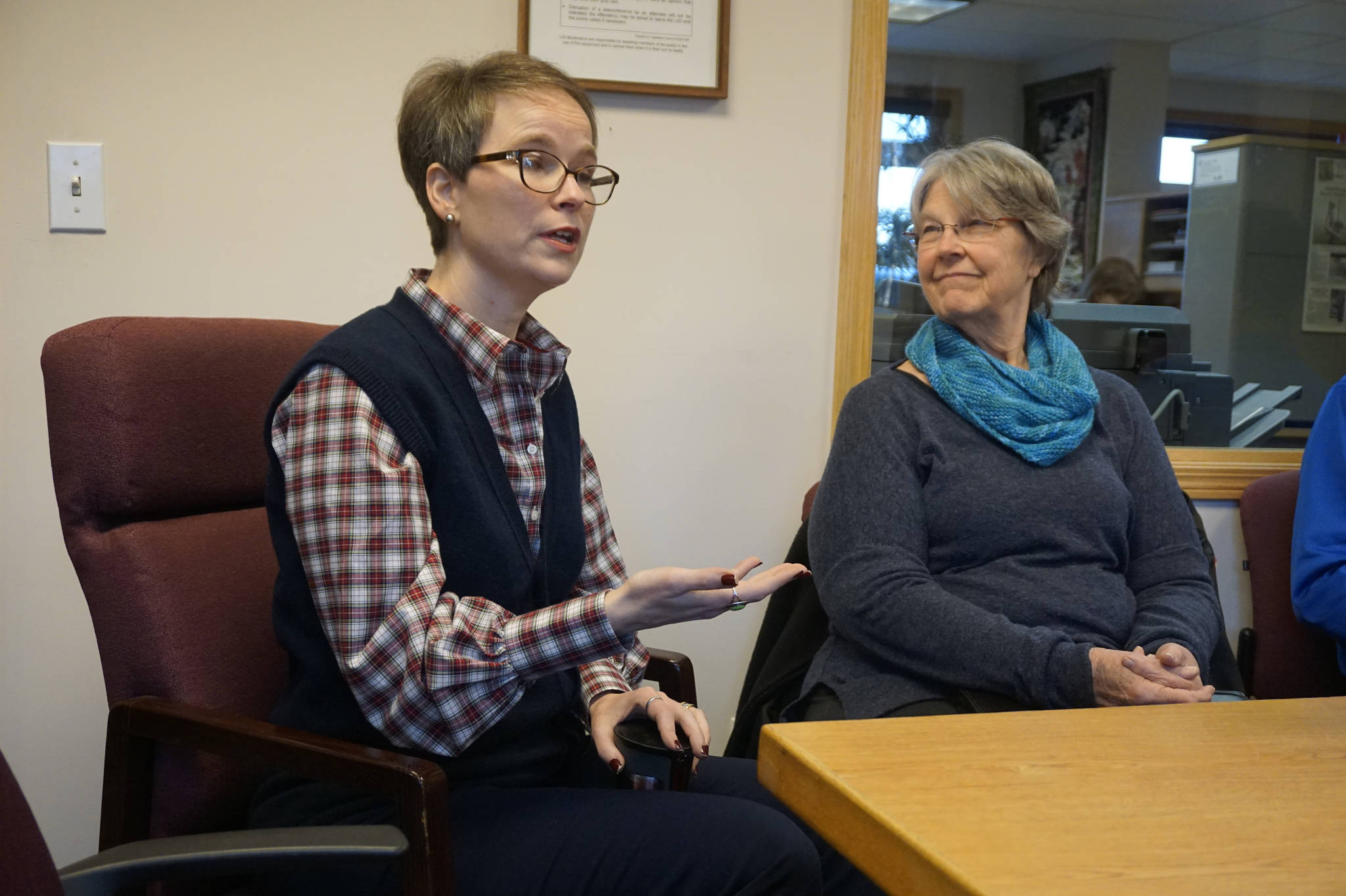 <span class="neFMT neFMT_PhotoCredit">Photo by Michael Armstrong/Homer News</span>                                Rep.-elect Sarah Vance, R-Homer, speaks at a meeting on Thursday, Jan. 3, 2019, at the Homer Legislative Information Office in Homer, Alaska. Ardith Mumma, right, listens. As she headed to Juneau for the next session of the Alaska Legislature, Vance held meetings in Homer, Anchor Point, Ninilchik and Kasilof last weekend.