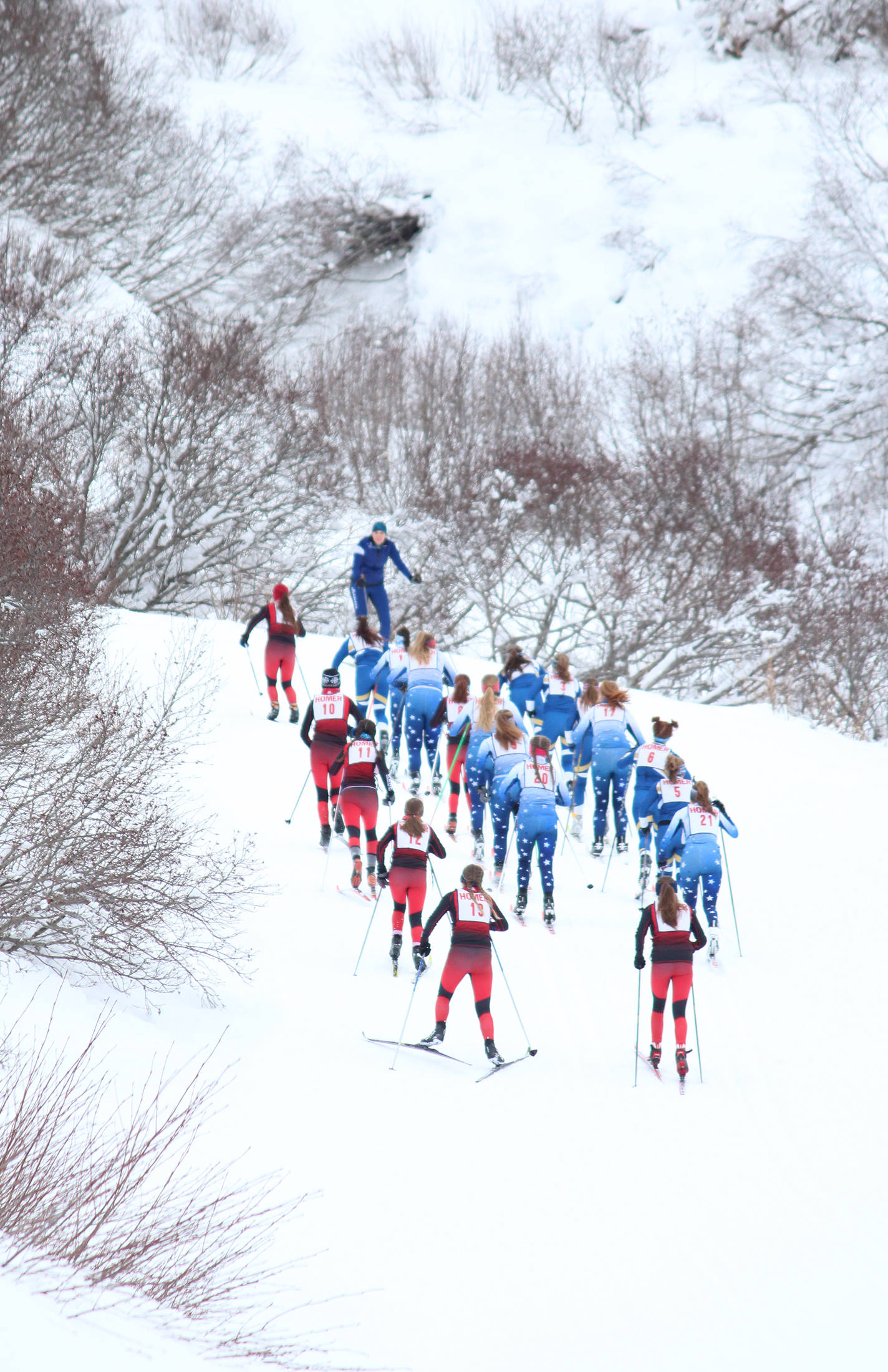 Varsity girl skiers from Homer, Soldotna and Kenai ski up a hill at the start of a classic style cross-country ski race Friday, Feb. 1, 2019 at the Lookout Mountain Trails near Homer, Alaska. (Photo by Megan Pacer/Homer News)