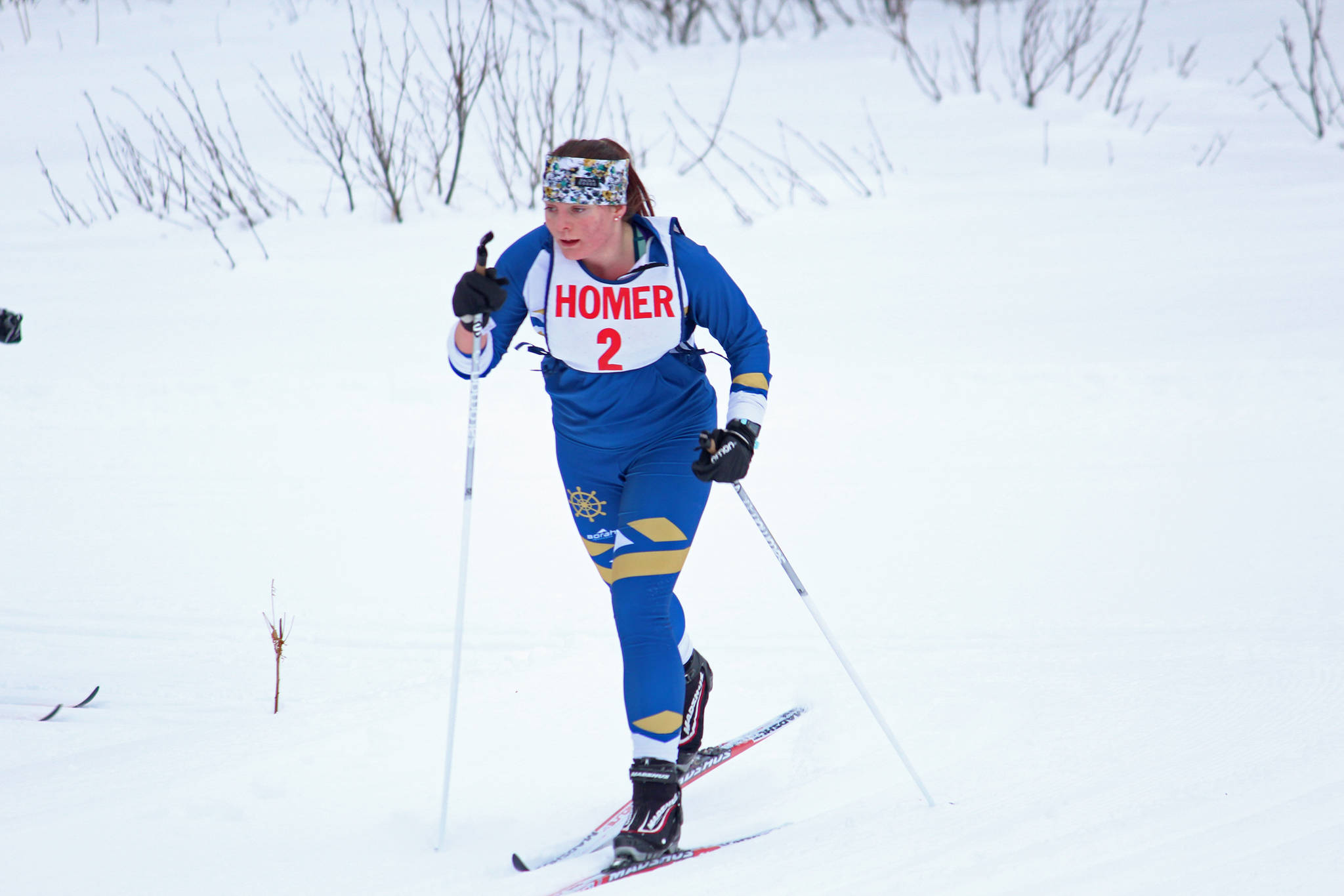 Homer’s Katia Holmes rounds a bend in the varsity girls’ classic cross-country ski race Friday, Feb. 1, 2019 at the Lookout Mountain Trails near Homer, Alaska. Holmes came in third in the race. (Photo by Megan Pacer/Homer News_
