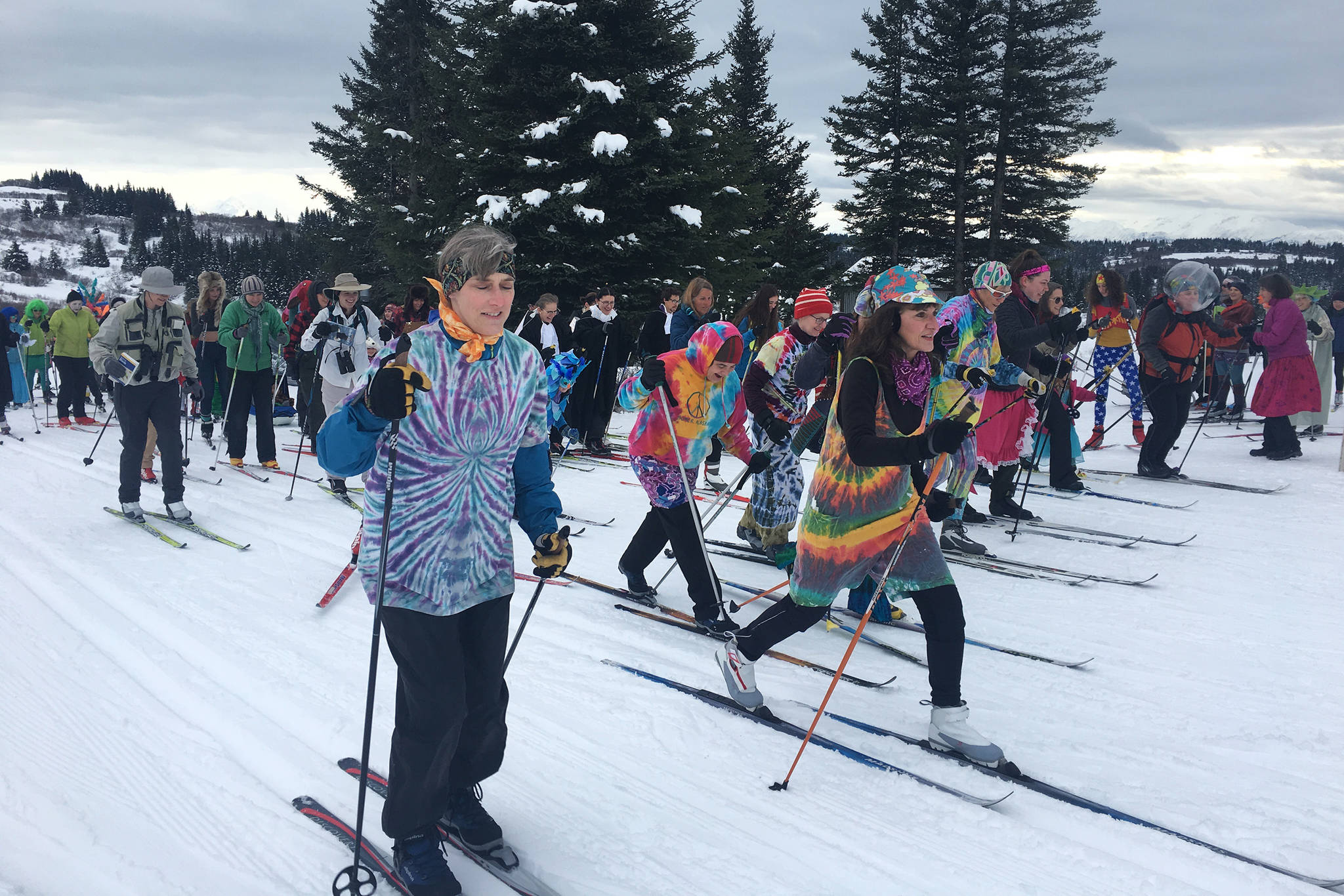 Skiers young and old take off at the start of the annual Ski for Women, which benefits South Peninsula Haven House, on Sunday, Feb. 3, 2019 at the Lookout Mountain Trails near Homer, Alaska. (Photo by Megan Pacer/Homer News)