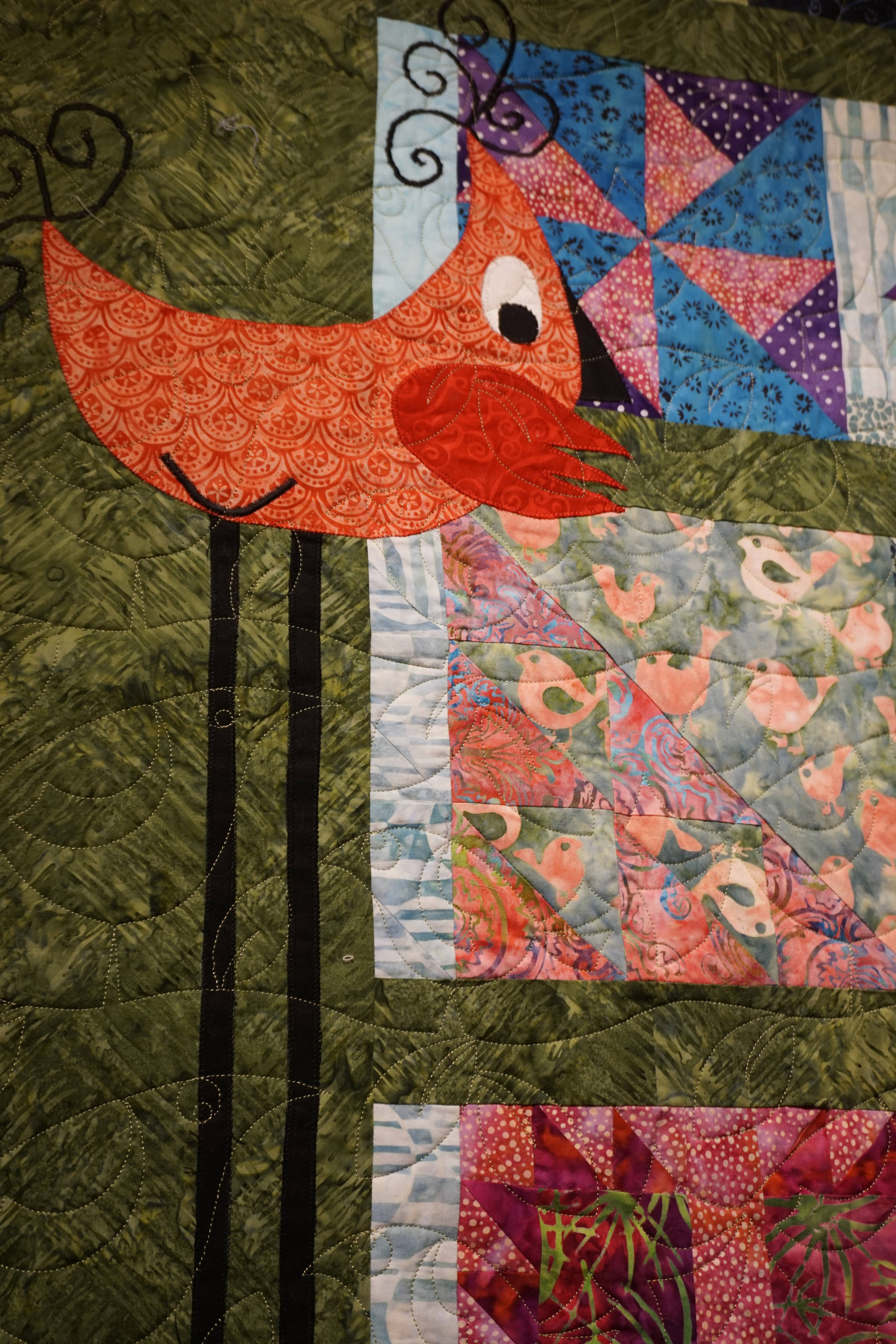 A panel by Patrice Krant from Janet Bacher’s “Birds in Flight” quilt, one of the works in the “9 Women / 9 Quilts” show that opened last Friday, Feb. 1, 2019, at the Homer Council on the Arts, in Homer, Alaska. (Photo by Michael Armstrong/Homer News)