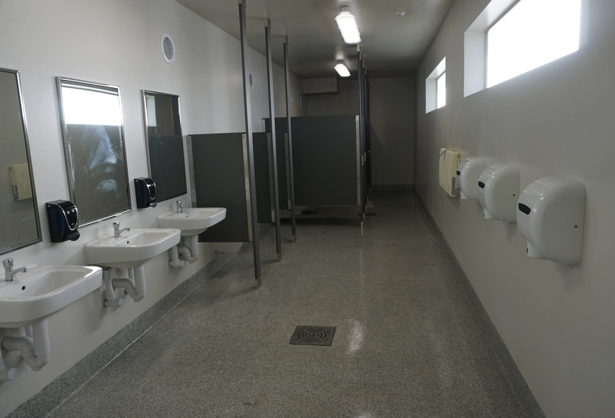 The inside of the men’s restroom at the new Ramp 2 restrooms on the Homer Spit in Homer, Alaska, on Feb. 8, 2019. The restrooms opened on Feb. 2. (Photo by Michael Armstrong/Homer New